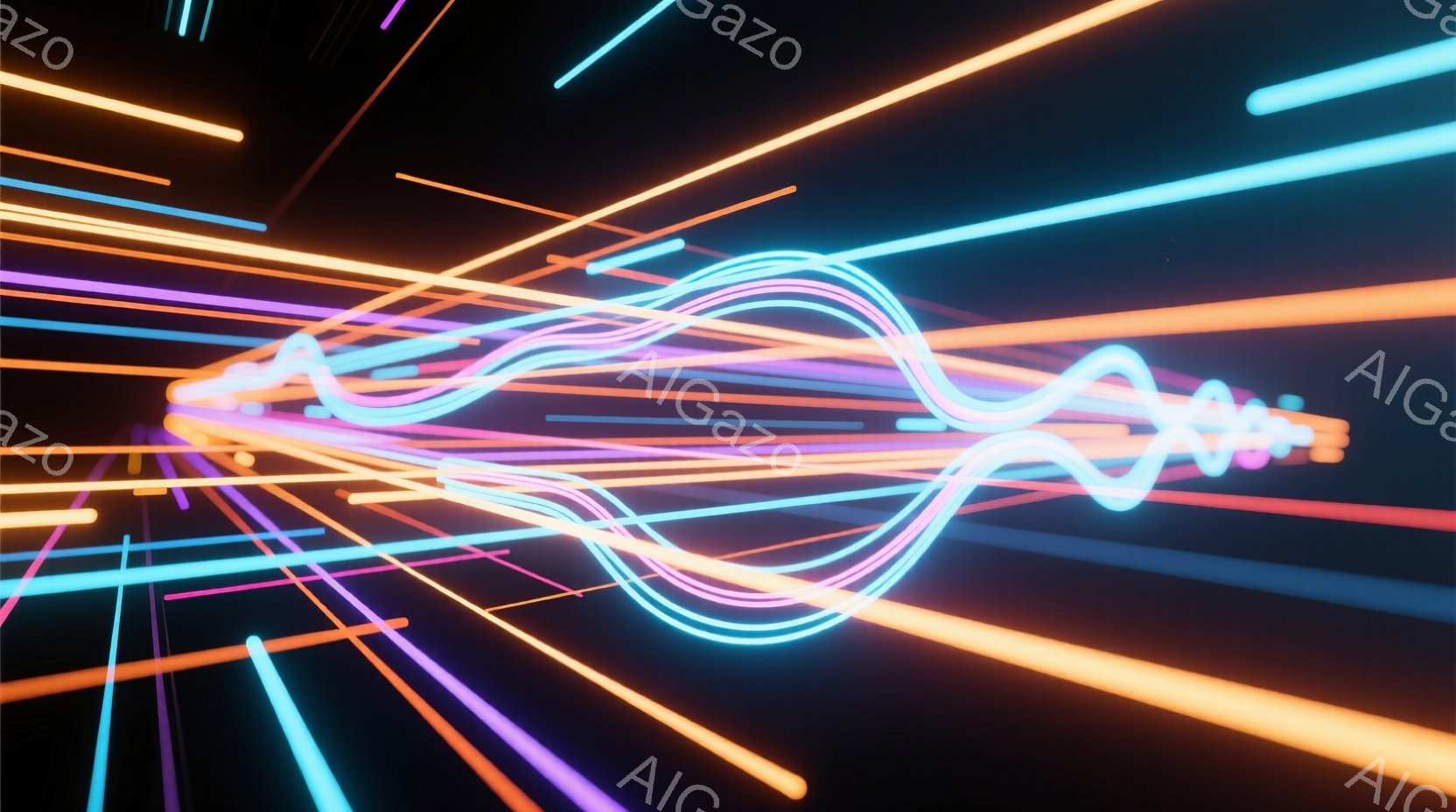 暗闇の中に、鮮やかなネオンカラーの線が放射状に広がっている様子が描かれています。青、紫、オレンジ、黄色といった色が混ざり合い、未来的なエネルギーや光の軌跡を表現しているように見えます。全体的に、スピード感と奥行きを感じさせる、抽象的でダイナミックな光景です。