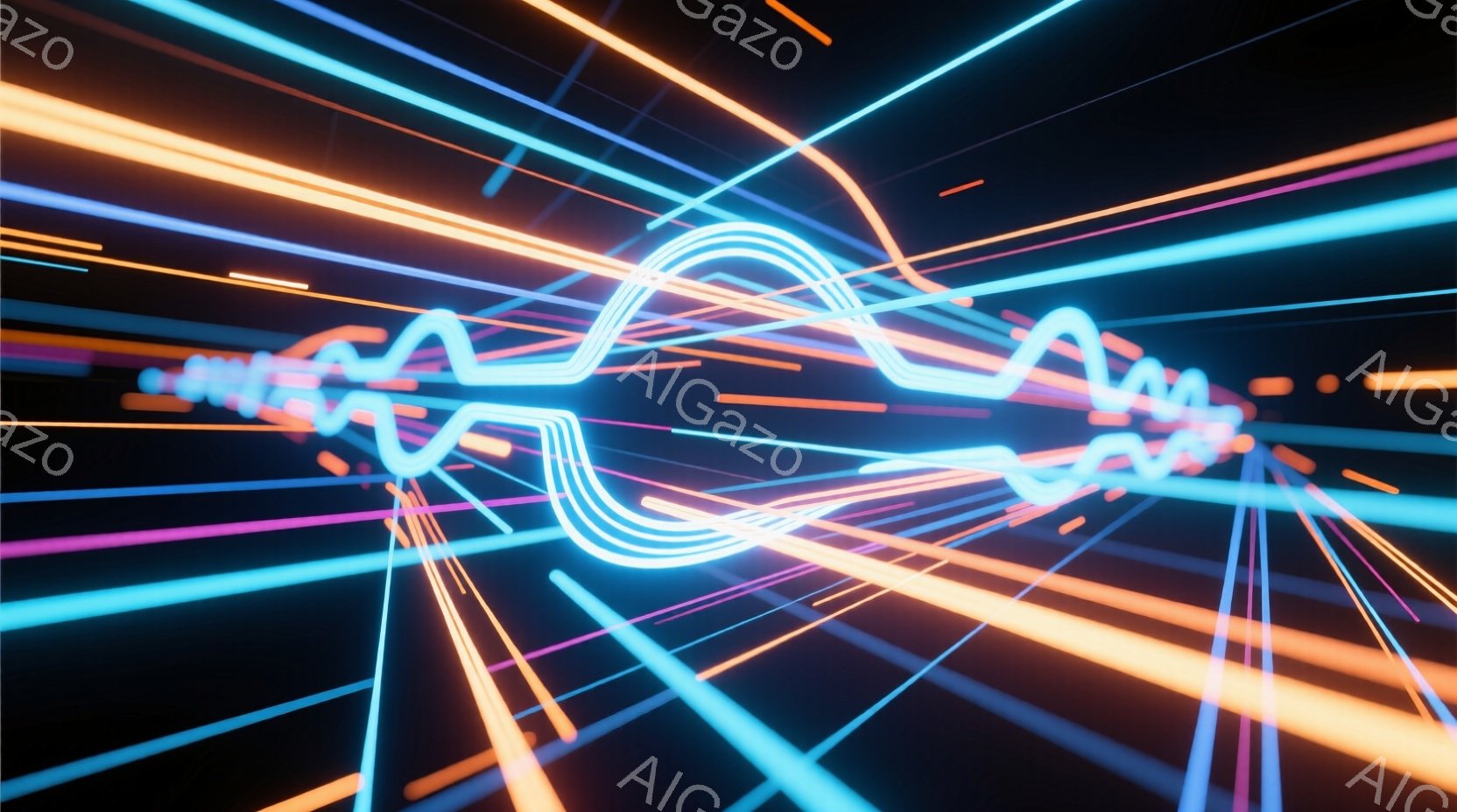 鮮やかなネオンカラーの光線が、暗黒の空間を縦横に駆け巡る様子が描かれている。光線は青、オレンジ、紫を基調とし、スピード感とエネルギーに満ちた印象を与える。背景は完全に黒く、光線が際立つため、まるでサイバー空間や未来都市の風景を想起させる。