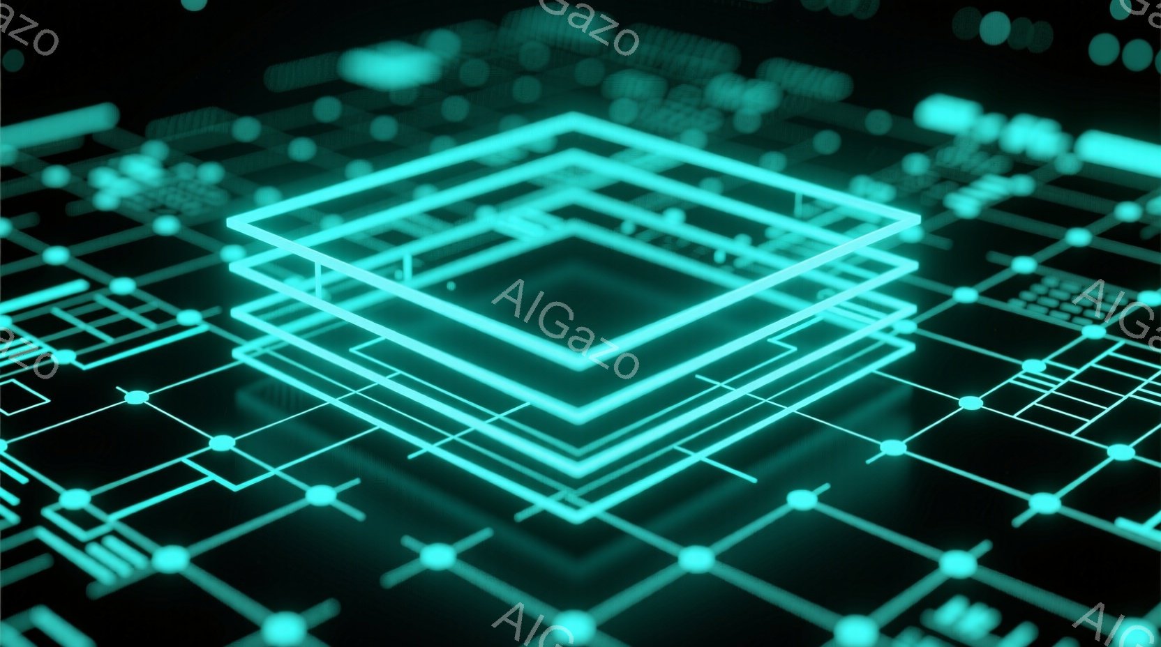 この画像は、暗い背景にネオンブルーの線で構成された抽象的な回路図のようなデザインが描かれています。複数の同心円状の正方形が重なり合い、未来的なテクノロジーやネットワークを連想させる視覚効果を生み出して - AI生成フリー素材