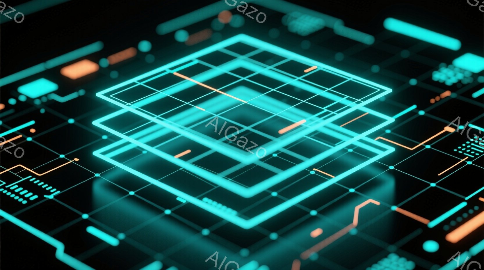 鮮やかなターコイズブルーとオレンジ色のネオン光が、未来的な回路図のようなパターンを構成している。複数の正方形が重なり合い、線や点が複雑に繋がって、サイバー空間やデジタル世界のイメージを想起させる抽象的な構図である。暗い背景が光のコントラストを強調し、テクノロジーと先進性を感じさせる雰囲気を作り出している。