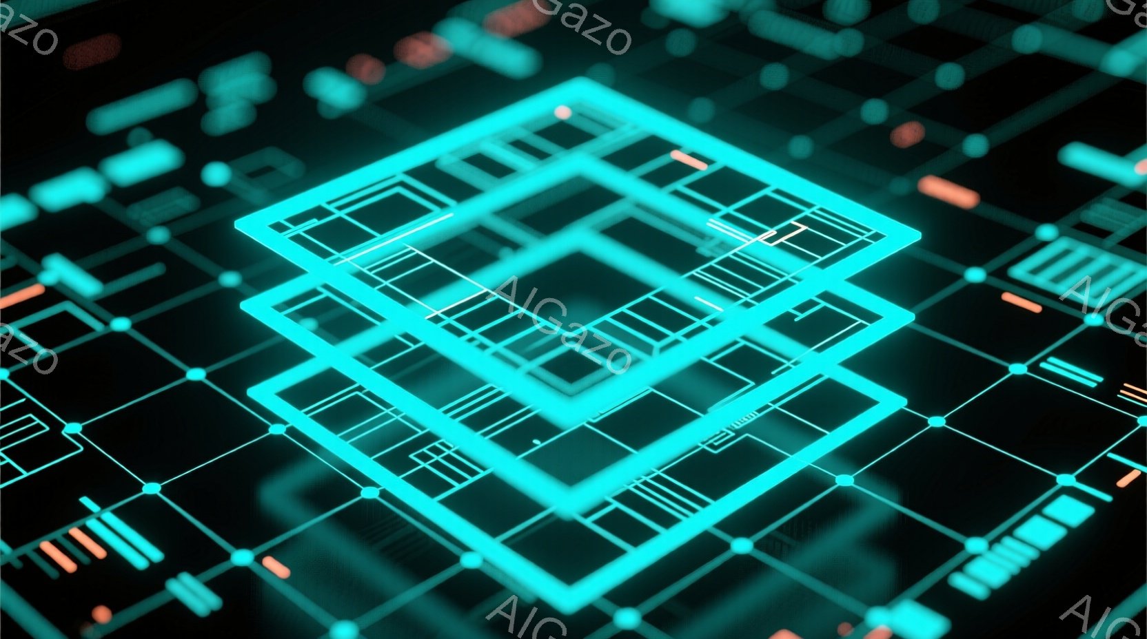 鮮やかなターコイズブルーの光が、複雑な回路のようなパターンを形成している。複数の四角形が重なり合い、まるで電子基板や未来都市の地図のような印象を与える。暗い背景が光のコントラストを強調し、テクノロジーと神秘的な雰囲気を醸し出している。