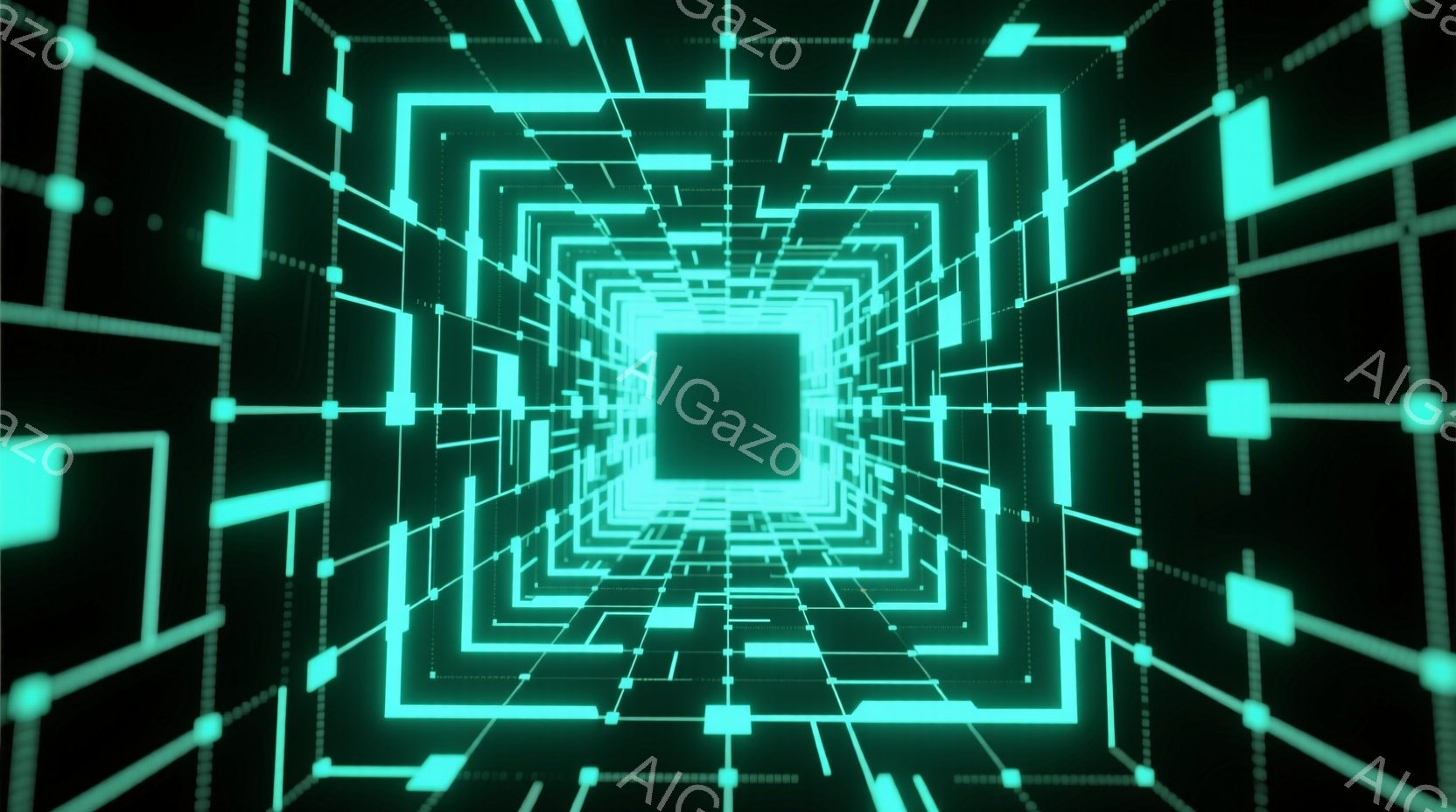 この画像は、発光する緑色の線で構成された、無限に続くトンネルのような空間を描いています。線は立方体と接続され、遠近法によって中央に向かって収束し、未来的なデジタル空間を作り出しています。全体的に、サイバーパンクまたは仮想現実の雰囲気が漂っています。