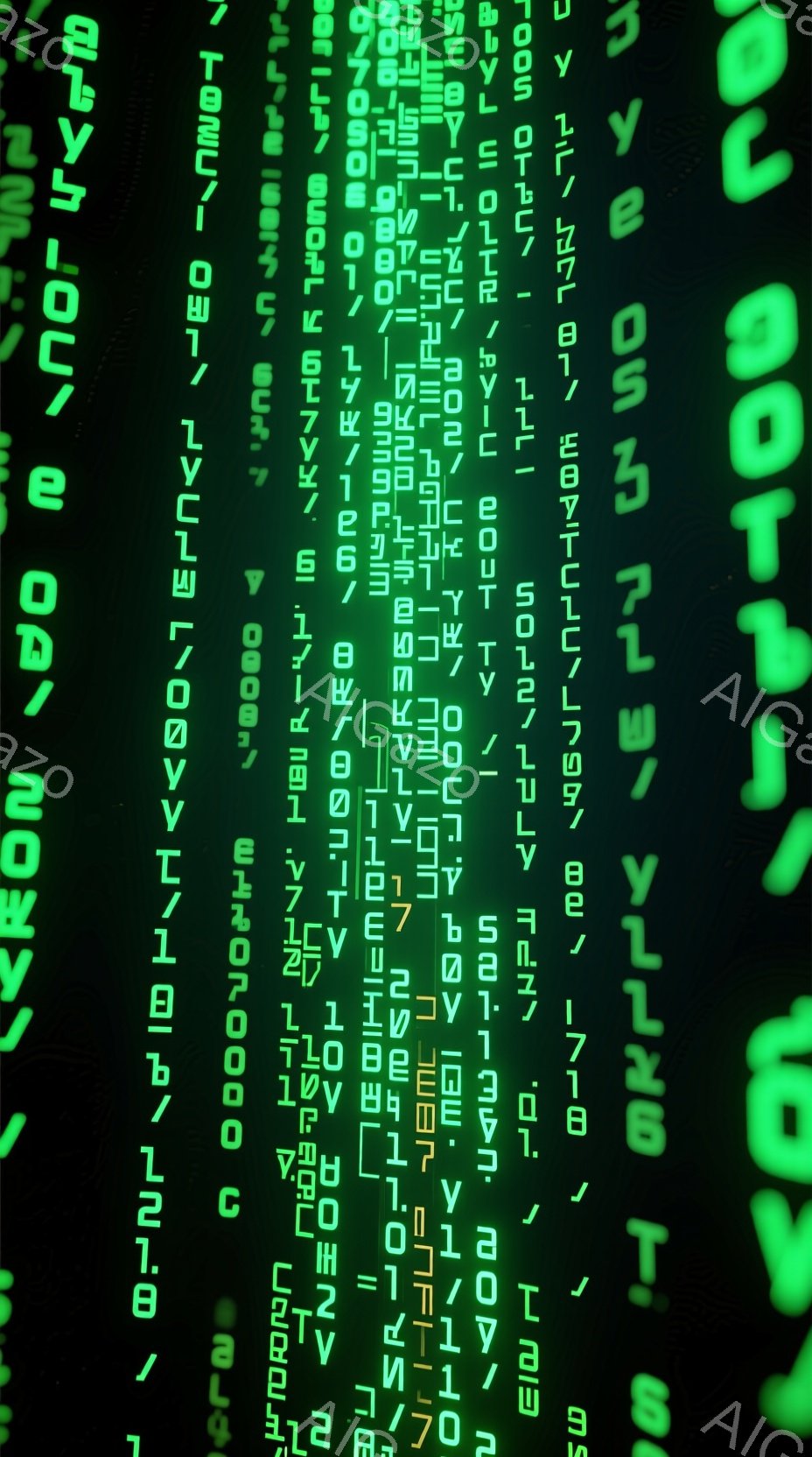 鮮やかな緑色の背景に、黒色の数字と文字が縦に並んで表示されている。これらの記号はマトリックスのようなパターンを形成しており、サイバーパンクやテクノロジーを連想させる。全体的に、デジタル世界や情報過多な - AI生成フリー素材