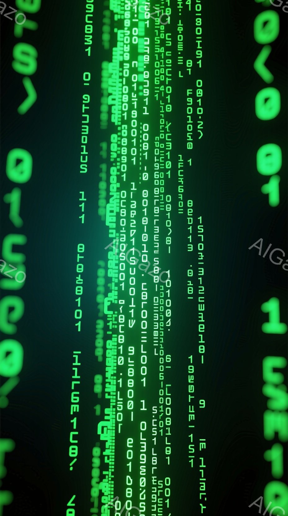 画像は鮮やかな緑色の背景に、白い数字の「0」と「1」が繰り返されるパターンで構成されています。数字は様々なサイズで配置され、デジタルな印象を与えます。全体的に未来的で、マトリックスのような雰囲気があります。