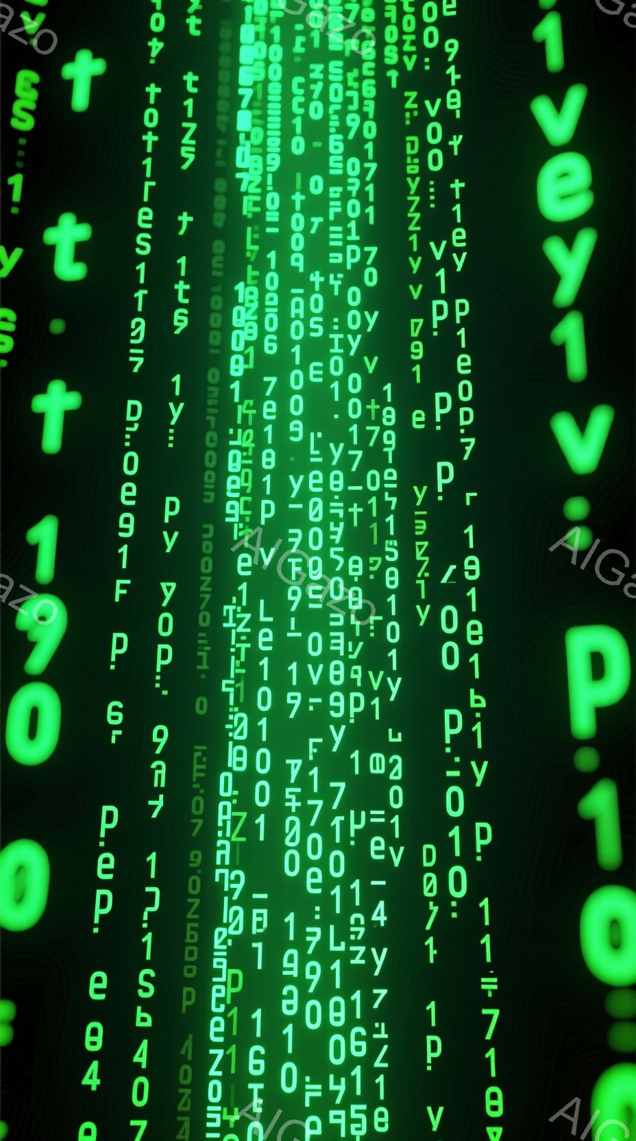 鮮やかな緑色のデジタル雨が背景を覆い、無数の数字と記号が縦に流れています。画像には人物は写っておらず、抽象的なデジタル表現が特徴的です。全体的にサイバーパンクやマトリックスのような、未来的な雰囲気を醸 - AI生成フリー素材