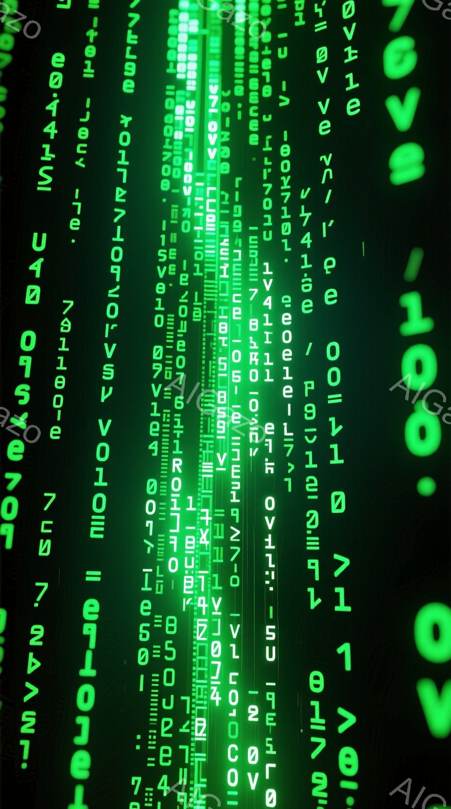 画像は、緑色のデジタルコードが滝のように流れる抽象的な背景を示している。コードは画面全体を覆い、未来的な、サイバーパンクのような雰囲気を醸し出している。全体的に、データストリームや仮想現実の世界を連想 - AI生成フリー素材