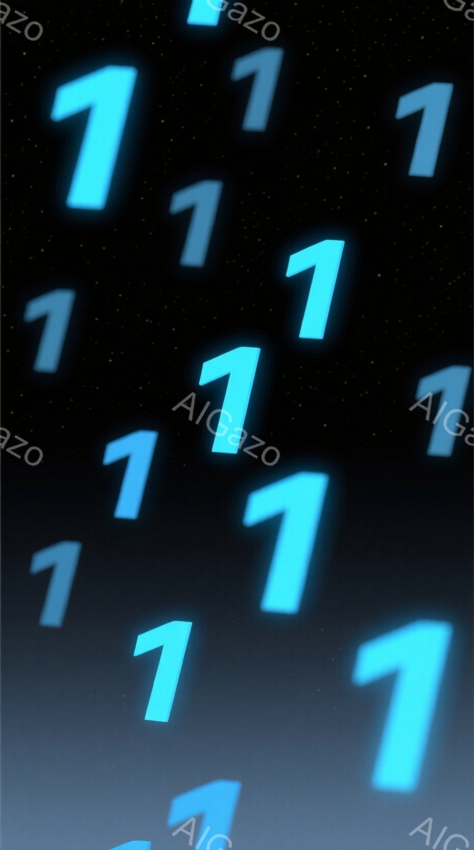 濃い青色の背景に、光る数字の「1」が散りばめられています。数字は様々な角度で配置されており、まるでデジタル空間に浮かんでいるような印象を与えます。全体的に近未来的で、神秘的な雰囲気を醸し出しています。 - AI生成フリー素材