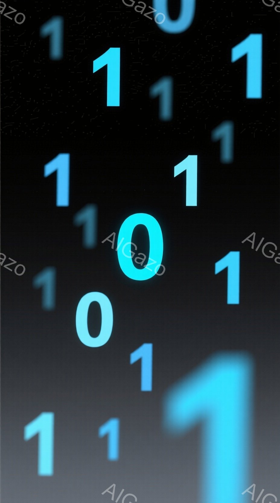 濃いグレーのグラデーションを背景に、青色の「0」と「1」の数字が散りばめられています。数字は様々なサイズで、まるでデジタルコードが降り注ぐような印象を与えます。全体的に未来的な雰囲気で、データやテクノロジーを連想させるビジュアルです。