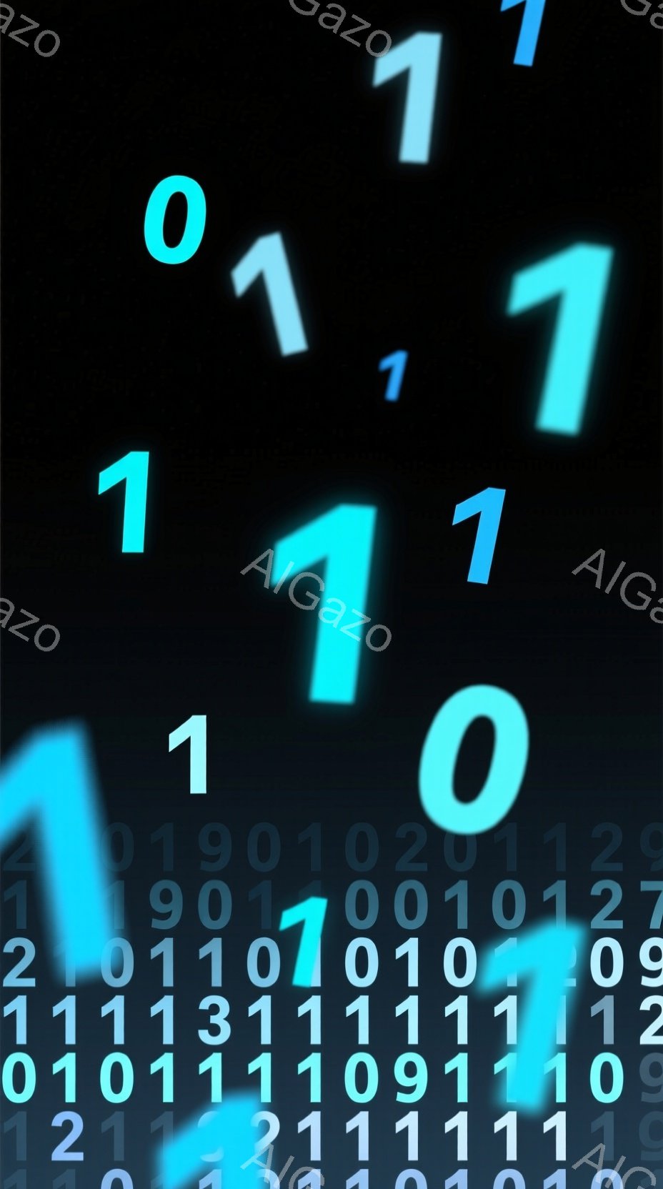 濃い黒色の背景に、明るい水色の「0」と「1」の数字が散りばめられています。数字は様々な大きさで、ランダムに配置されており、まるでデジタルな雨のようです。全体的に未来的な雰囲気で、コンピューターや二進法を連想させるビジュアルです。