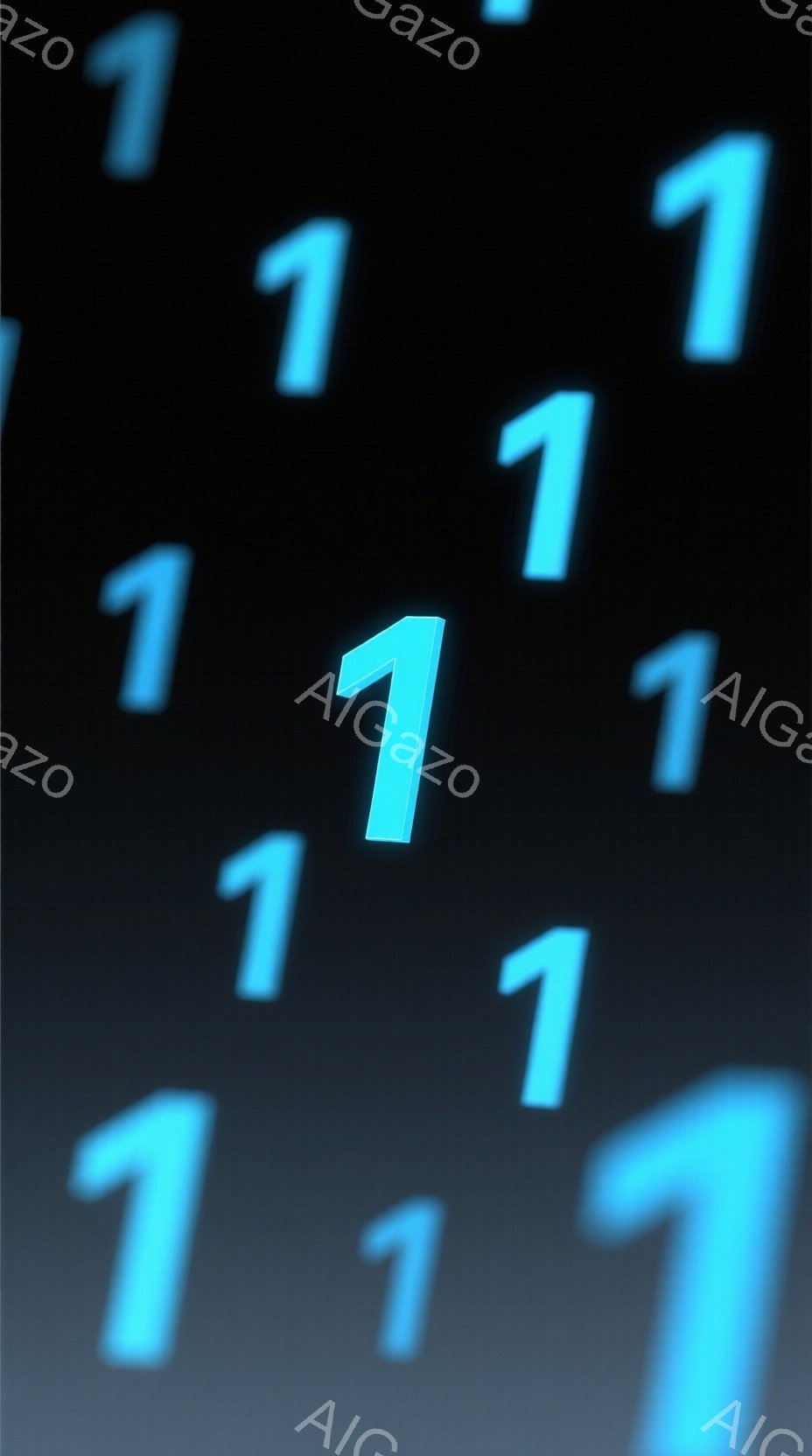 暗い背景に、明るい水色の数字の「1」が多数散りばめられています。数字は様々な角度で傾いており、まるで空間を漂っているかのような印象を与えます。全体的に、未来的なデジタル空間を想起させる、ミニマルで洗練 - AI生成フリー素材