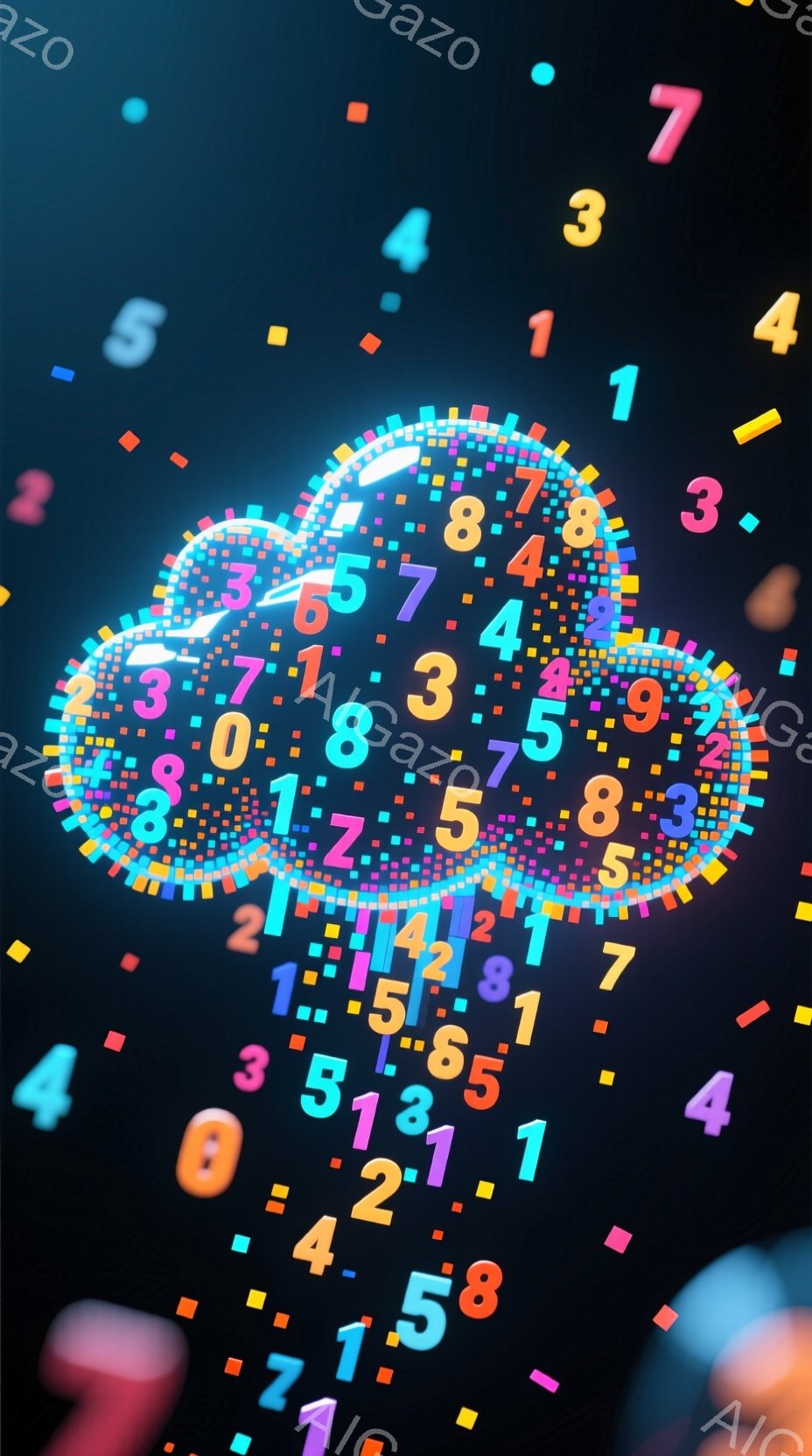 この画像は、鮮やかな色彩の数字が散りばめられた抽象的な背景の中に、大きな円形の数字の集合体が浮かび上がっています。数字は様々な色で表現され、まるで光り輝く粒子のように配置され、全体的に未来的な印象を与 - AI生成フリー素材