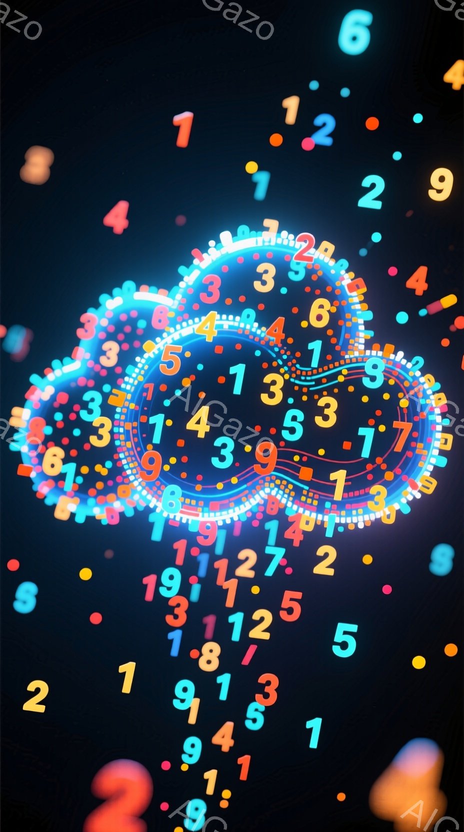 深い青色の背景に、様々な大きさの数字（主に1から9）が散りばめられています。中心部には、鮮やかな青と赤の光る円が描かれており、まるでエネルギーが渦巻いているような印象を与えます。全体的に近未来的な雰囲 - AI生成フリー素材