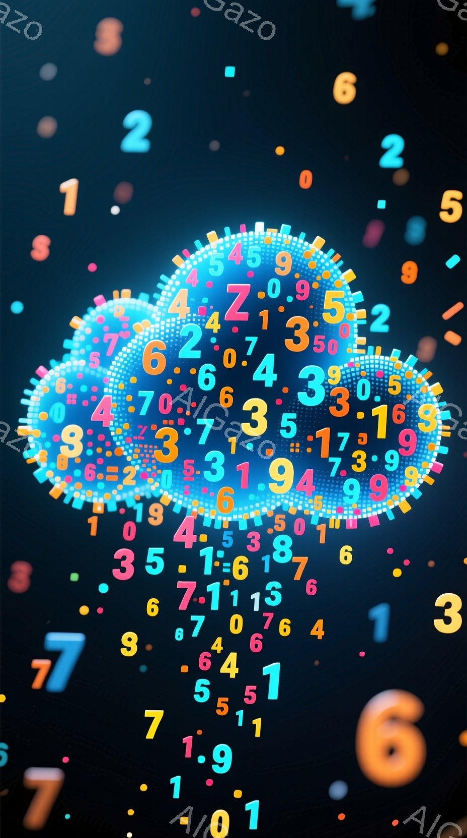 鮮やかな青色の背景に、様々な大きさの数字が散りばめられています。中心部には、より多くの数字が密集し、まるで星雲のような印象を与えます。全体的に、数字が明るく輝いており、未来的な、あるいはデジタルな雰囲気を醸し出しています。
