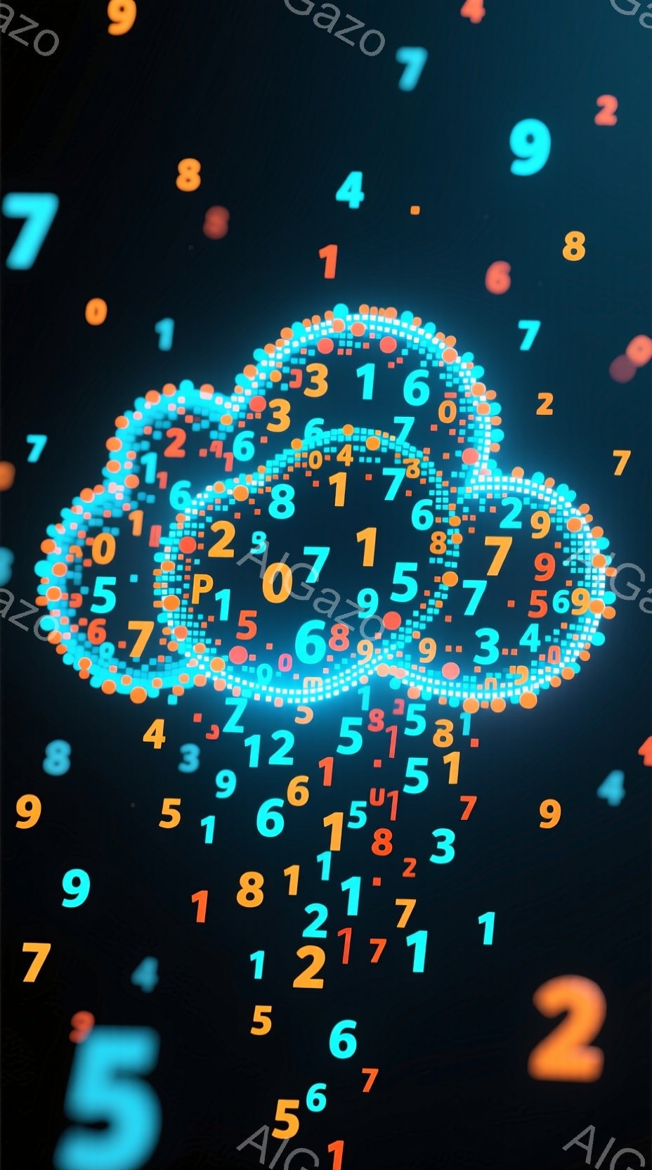 この画像は、数字の「0」から「9」までの数字が、濃い青色から黒色のグラデーションの背景に無作為に散りばめられたものです。数字は鮮やかな色で表現され、それぞれの色が混ざり合い、複雑でダイナミックな視覚効果を生み出しています。全体として、混沌とした中に秩序が感じられる、抽象的で現代的な印象を与えます。