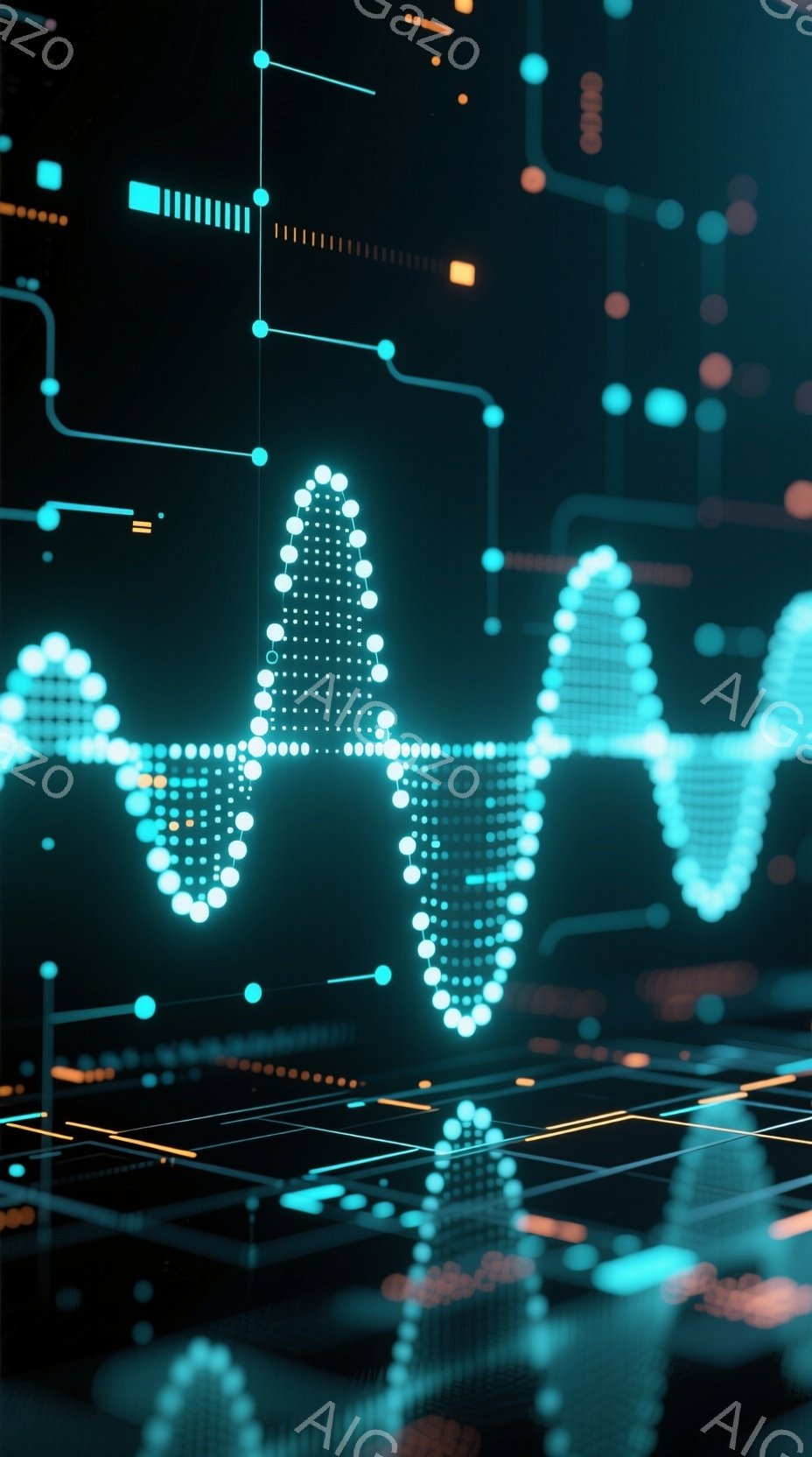 この画像は、青色のグリッド状の背景に、発光する点群で構成された波形を描写しています。点々はまるでデジタルな信号や音波を表現しており、背景には細い線が格子状に走り、未来的な印象を与えます。全体的に、テクノロジーやデータ、通信を連想させる、クールで抽象的な雰囲気です。