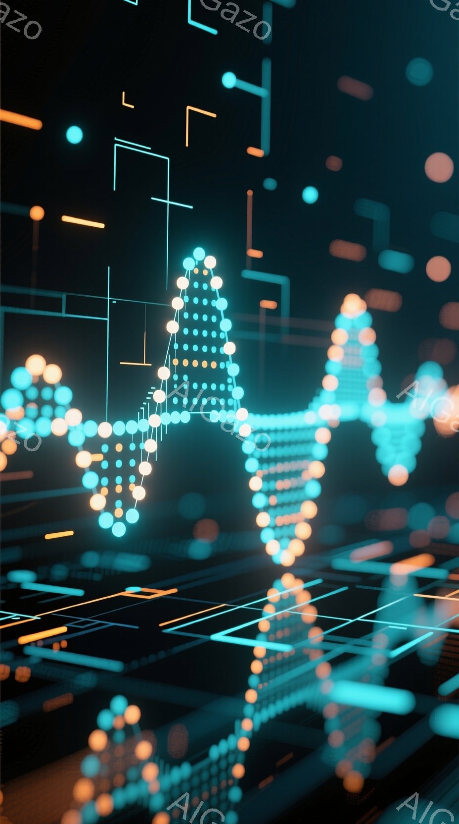 この画像は、暗い背景に光る球体で構成された抽象的なデザインで、まるでデジタルなDNAの鎖のようです。オレンジと水色の球体が、複雑な線と幾何学的な図形と共に、未来的な印象を与えます。全体として、テクノロ - AI生成フリー素材