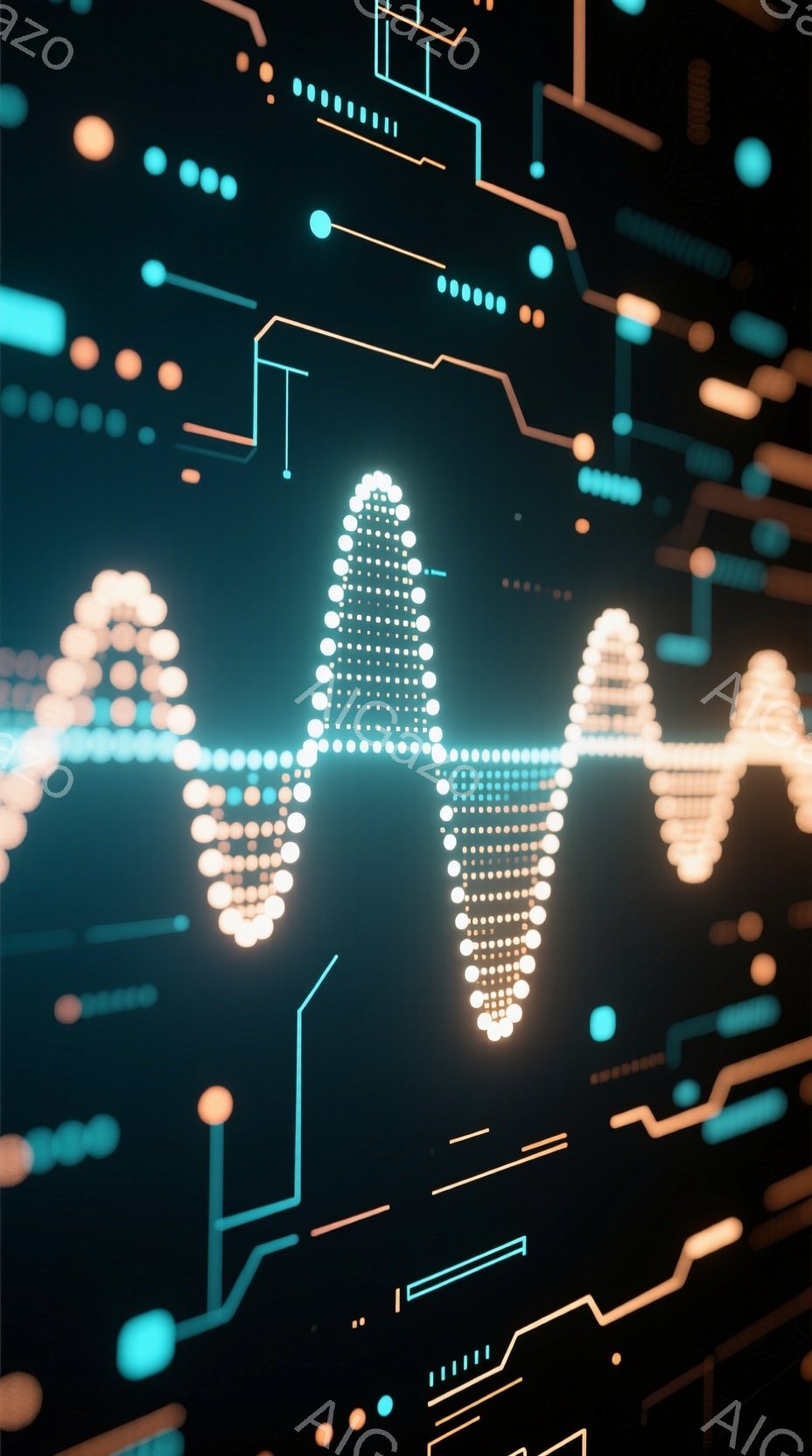 この画像は、暗い緑色の背景に、オレンジと青色の発光する線が複雑に絡み合った、回路のようなデザインが特徴です。中央には、波形のような光点のパターンが強調されており、技術的で未来的な雰囲気を醸し出していま - AI生成フリー素材