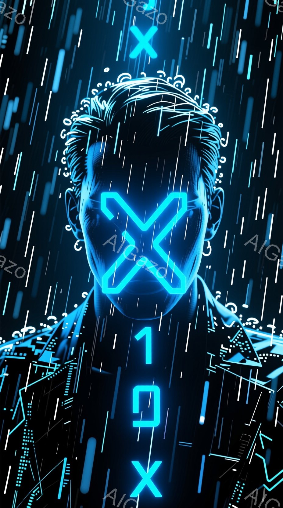 この画像は、暗い背景に浮かび上がる人物の顔のクローズアップです。彼は短い黒髪で、顔の一部を覆う青色の光るX字型のマスクを装着しています。背景には、デジタルな雨のように見える青色の光の線が縦に降り注ぎ、未来的な雰囲気を醸し出しています。