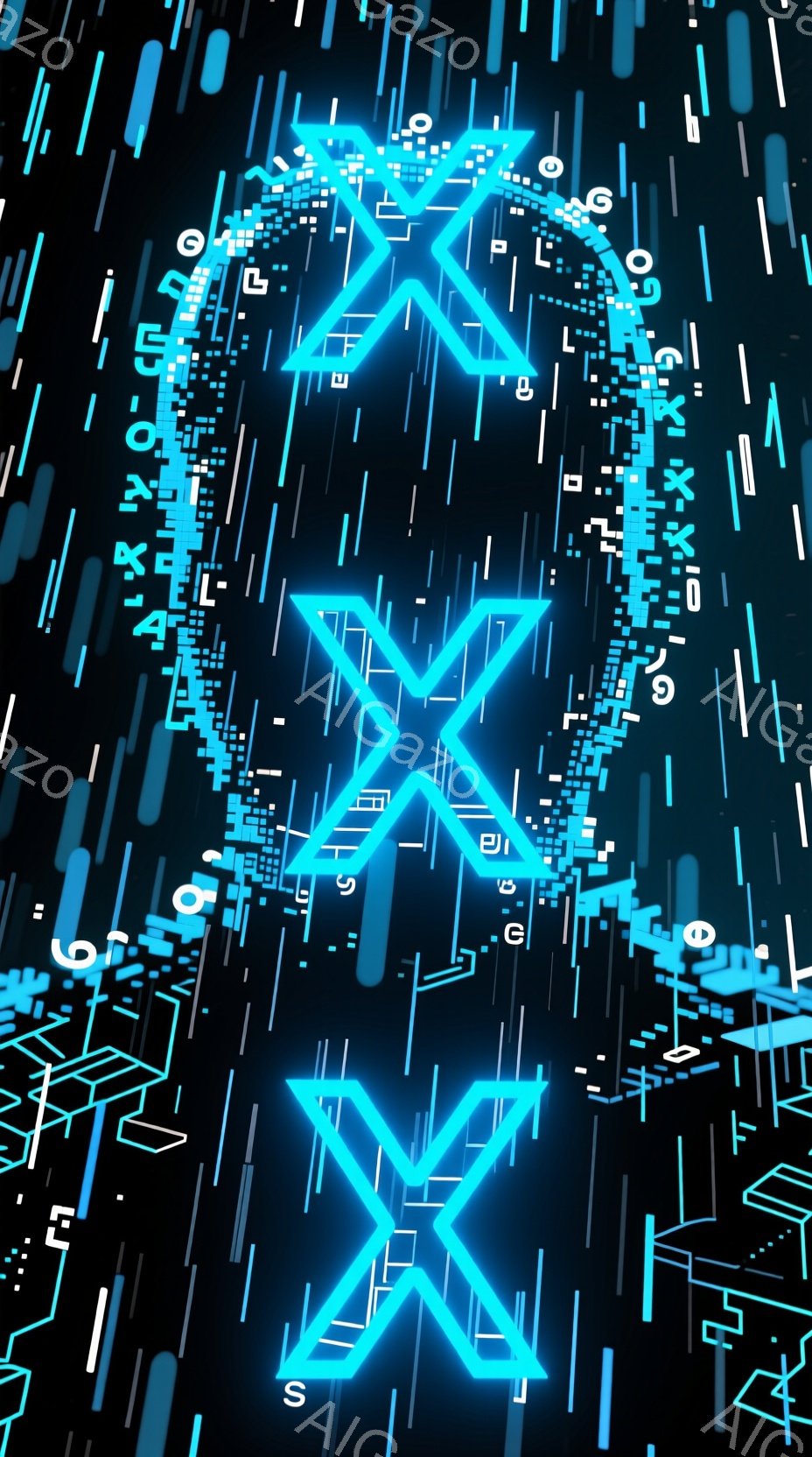 画像は、暗い背景にネオンブルーのデジタルな線と図形が密集して描かれています。中央には、ネオンブルーの光る「X」の形が大きく配置され、その周りに様々なデジタルな記号や線が散りばめられています。全体的にサ - AI生成フリー素材