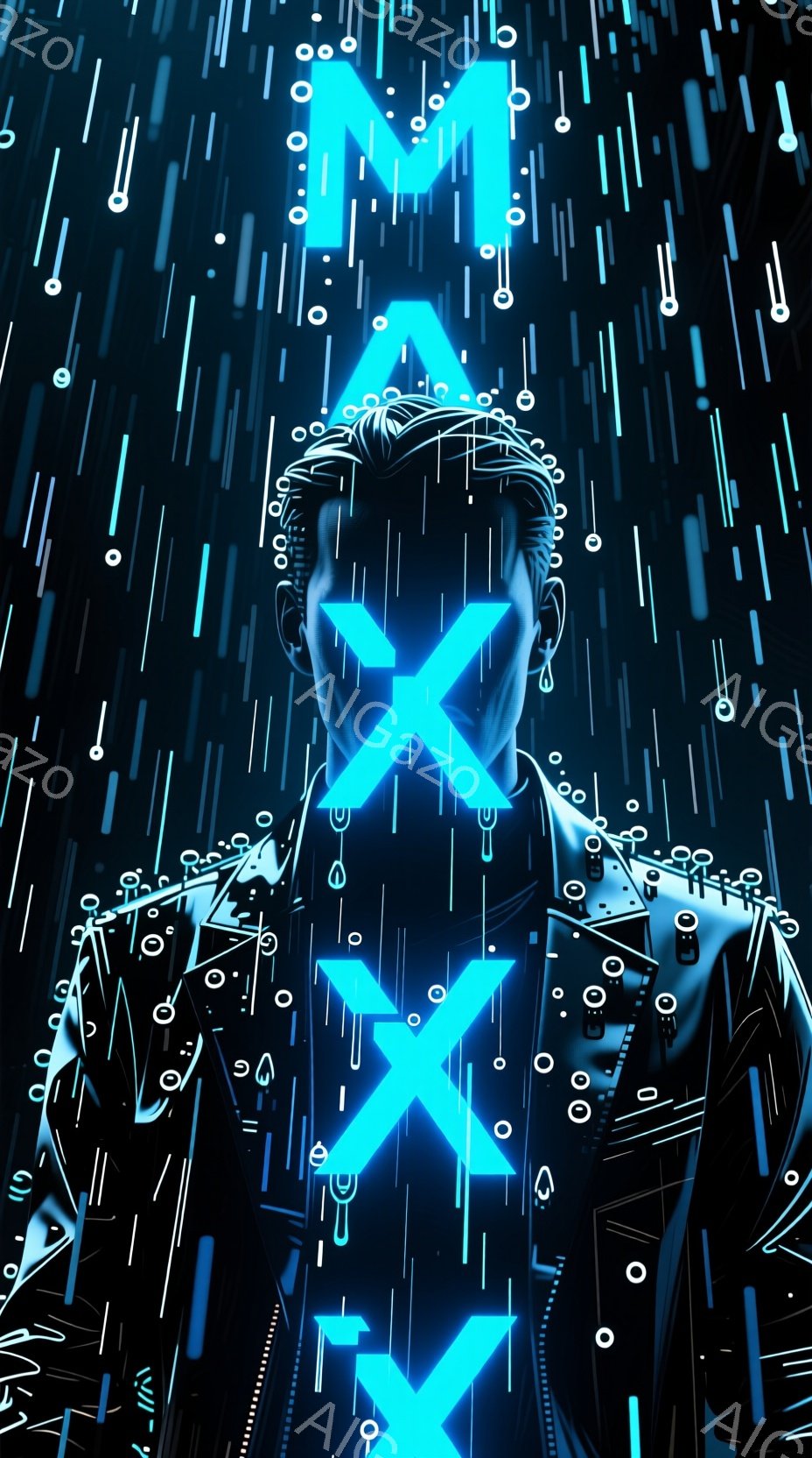 この画像は、未来的な光の線で構成された人物像を描いています。人物は黒い服を着ており、顔は光る青いX字型に覆われて表情を隠しています。背景には無数の青い光の線が垂直に降っており、サイバーパンクのようなデ - AI生成フリー素材