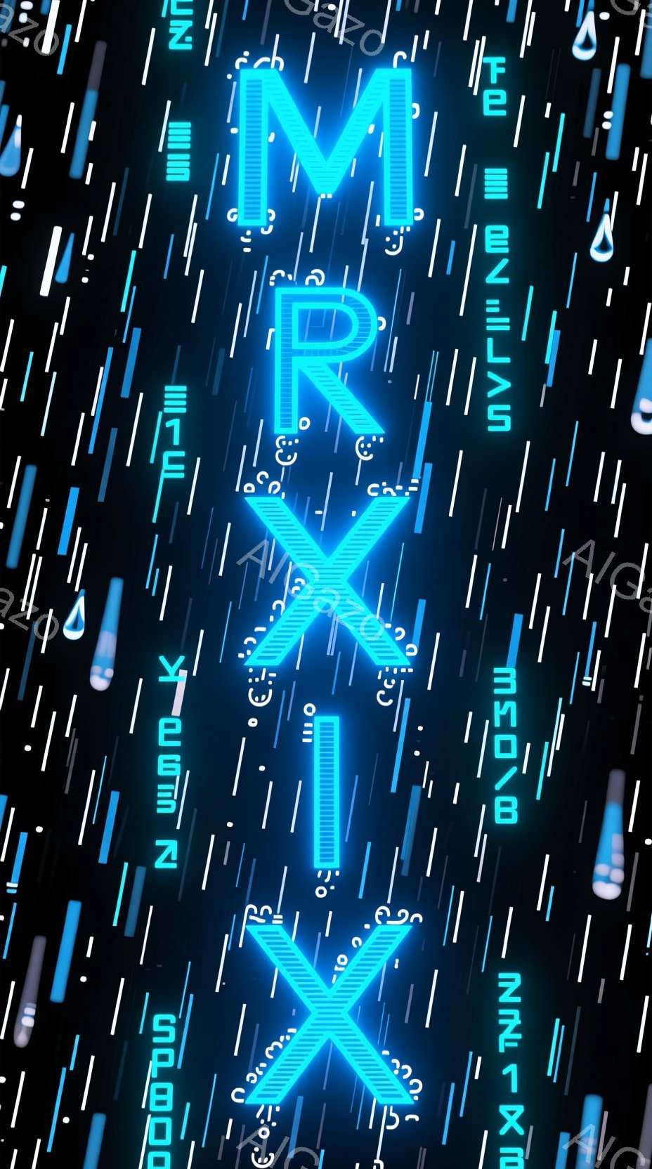 鮮やかな水色の光で構成された巨大な「MX」という文字が、黒い背景に浮かび上がっています。背景には、緑色の細長い線が雨のように降り注ぎ、未来的なデジタル空間を想起させます。 全体的に、テクノロジーと活力を感じさせる、洗練された印象を与えます。