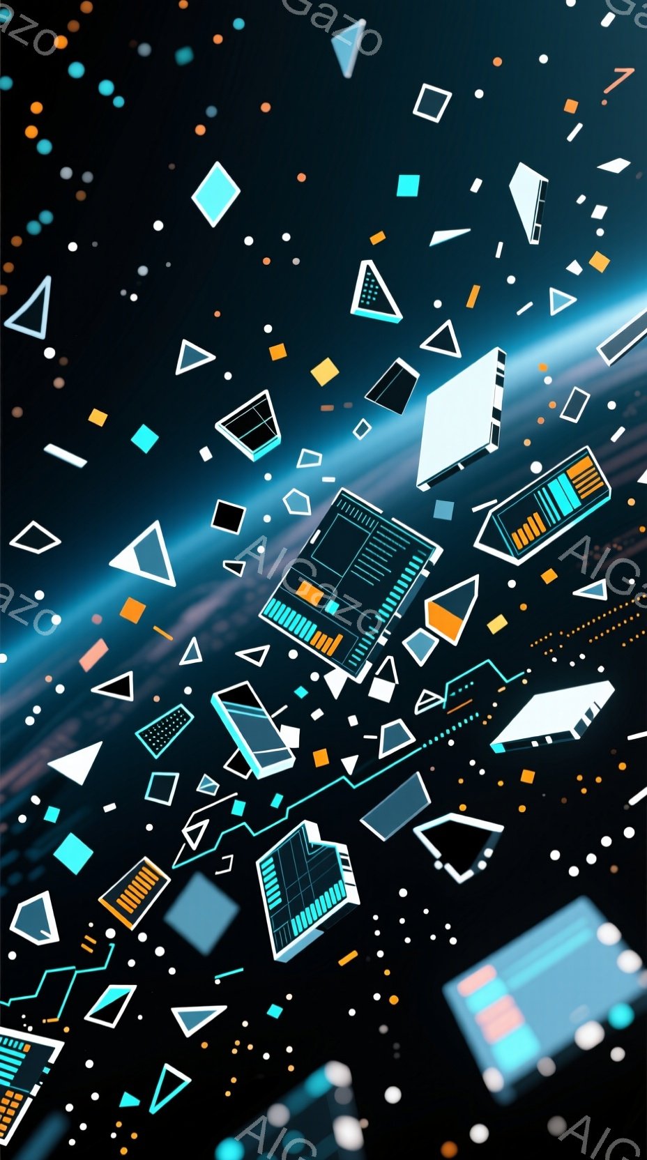 この画像は、暗い背景に様々な形状と色の幾何学的なオブジェクトが散りばめられた抽象的な表現です。オブジェクトは立方体や三角形など多岐にわたり、鮮やかなオレンジ、青、白の色合いで構成され、まるで空間が分解 - AI生成フリー素材