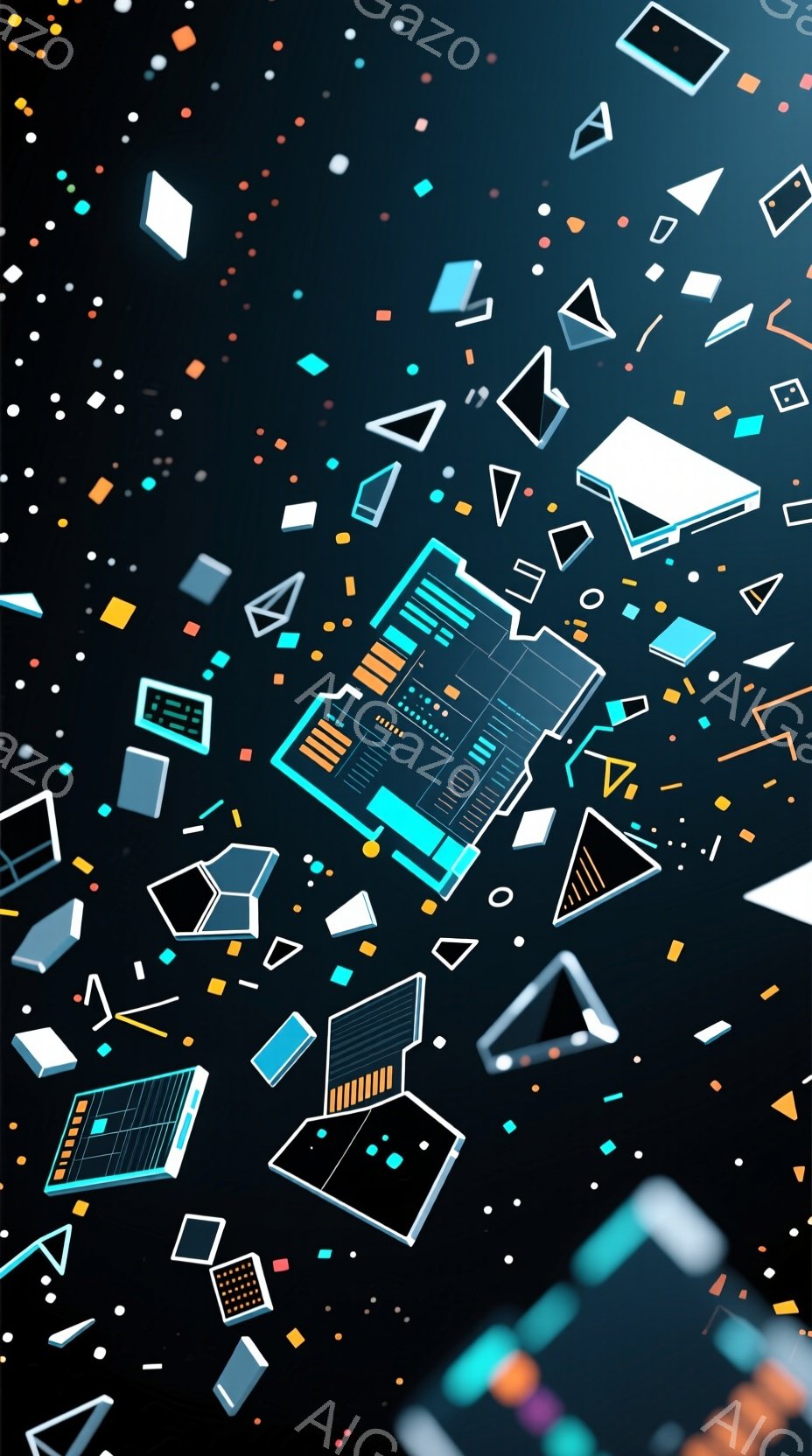 鮮やかなネオンカラーの幾何学的な図形が、暗い背景に散りばめられています。ノートパソコンやスマートフォンを模した図形も含まれており、デジタルな世界を想起させます。全体的に未来的で、サイバーパンクな雰囲気を漂わせています。