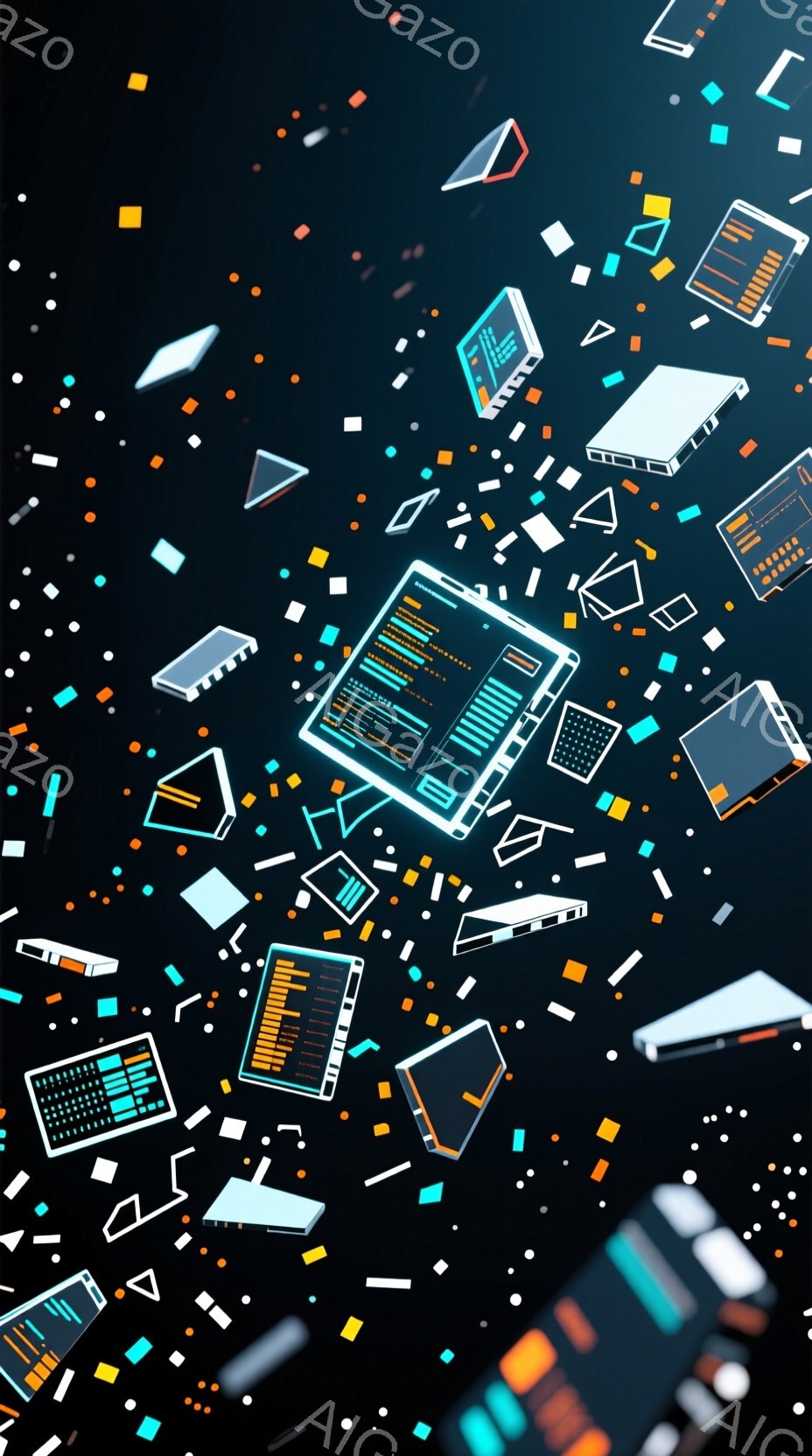この画像は、黒い背景に、さまざまな電子機器のパーツが散らばっている様子を描いています。ノートパソコン、スマートフォン、小型の電子基板などが、まるで分解されたかのように空中に浮かんでおり、未来的なテクノロジーの断片を表現しているようです。鮮やかなオレンジと水色の光が、パーツを照らし出し、躍動感と没入感を高めています。