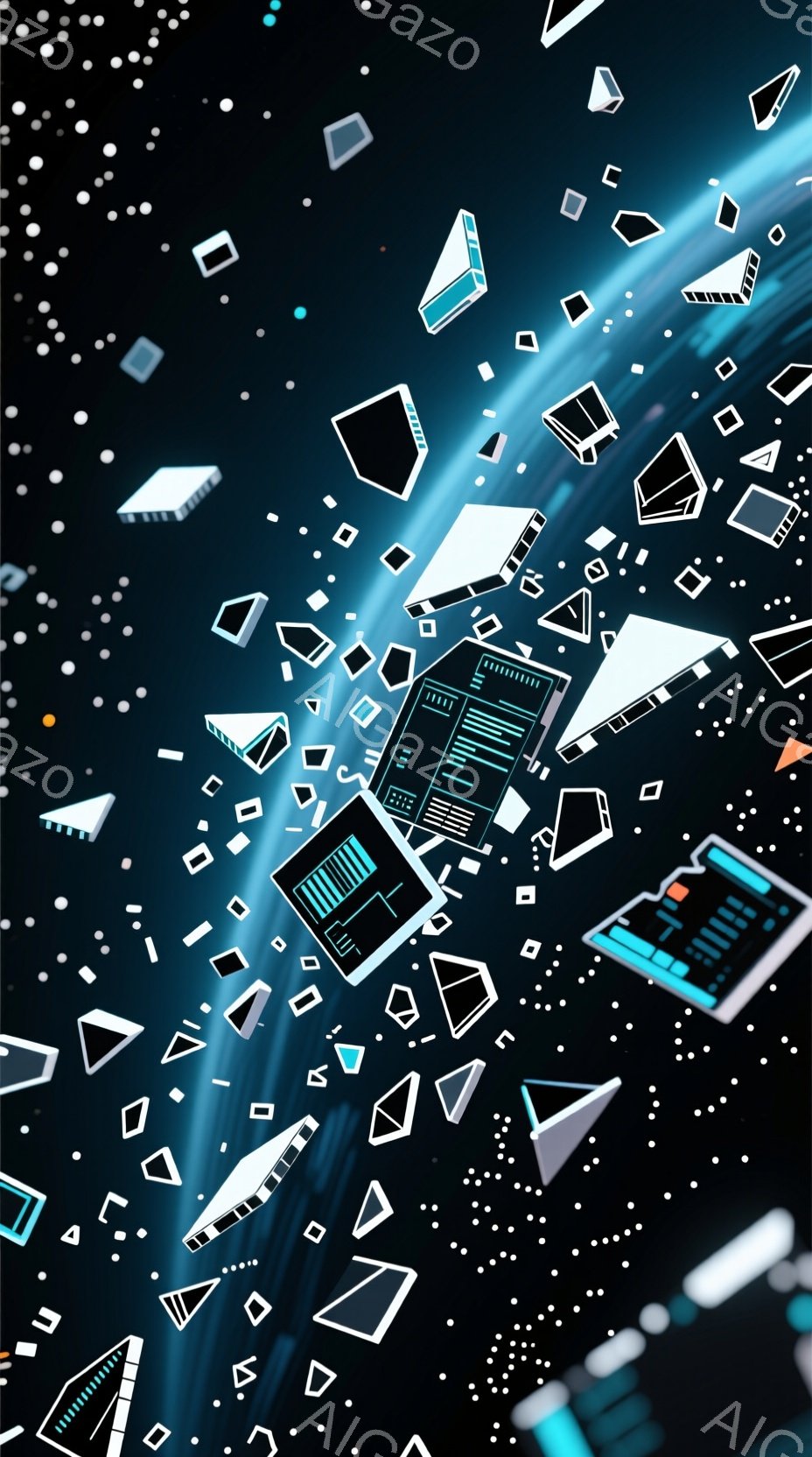 鮮やかな青色のグラデーションが背景に広がり、無数の電子機器の部品が空中に散らばっている様子が描かれている。部品は主に黒と白で構成され、未来的な印象を与える幾何学的な形状をしている。全体的に、分解されたテクノロジーと、そこから生み出されるエネルギーの流れを表現した抽象的なイメージである。