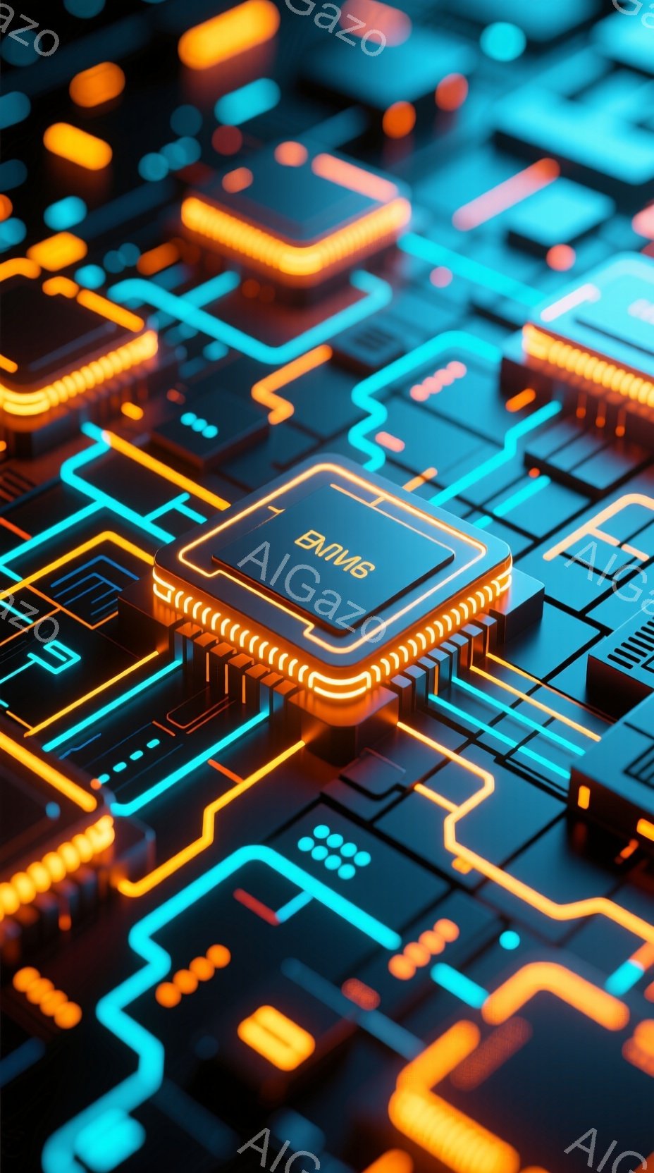 この画像は、明るいオレンジと青の色調で表現された電子回路基板をクローズアップしたものです。中央には、「EN/M6」と書かれた小さなチップが配置されており、その周囲には複雑な配線と接続が光り輝いています。全体的に未来的な雰囲気で、技術革新やデジタル世界の抽象的な表現として捉えられます。