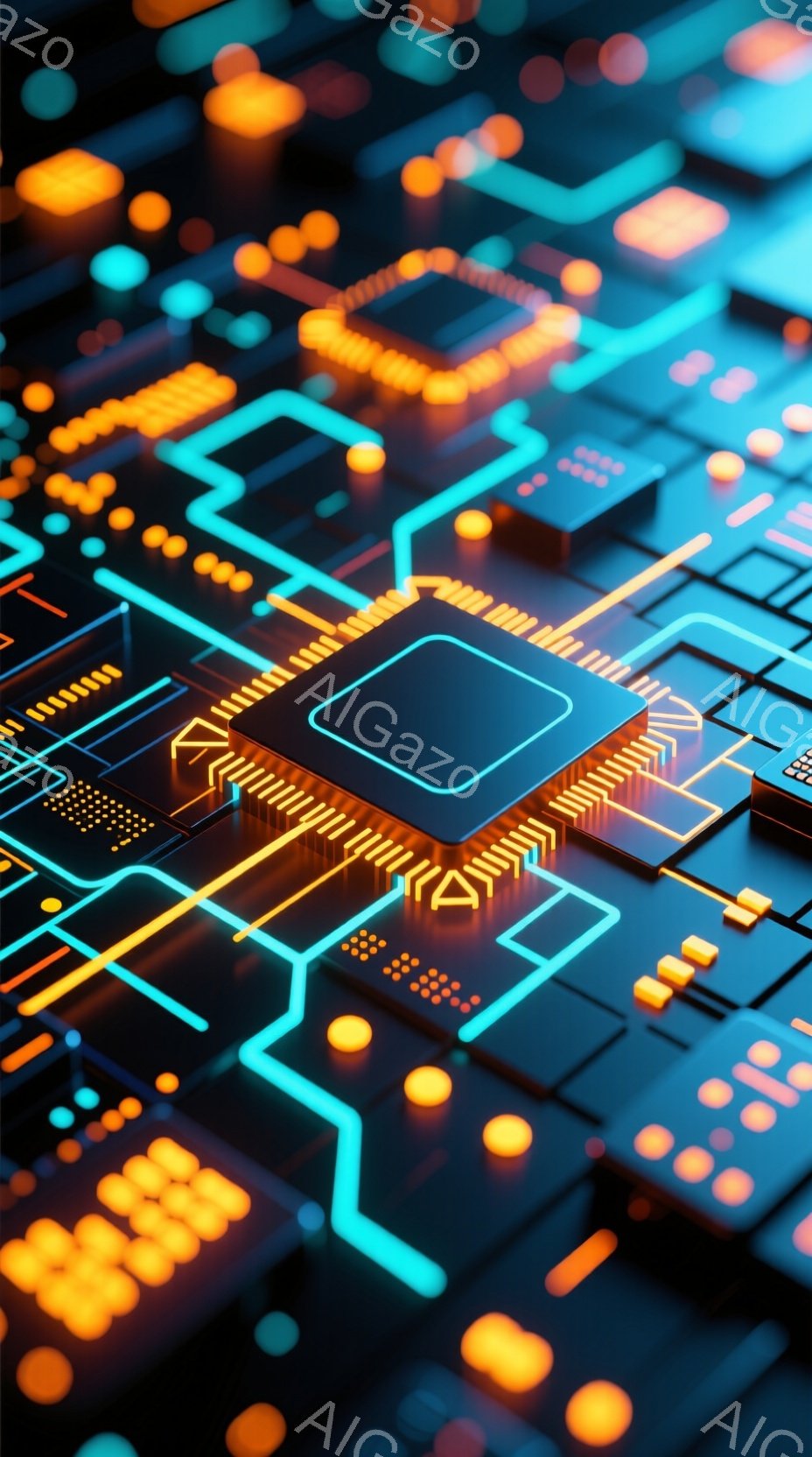 この画像は、鮮やかな青色を基調とした回路基板をクローズアップしたものです。金色の線と小さな発光点が複雑に組み合わさり、現代的なテクノロジーの雰囲気を醸し出しています。回路の中心には四角いチップが配置され、未来的な電子機器の内部構造を思わせます。