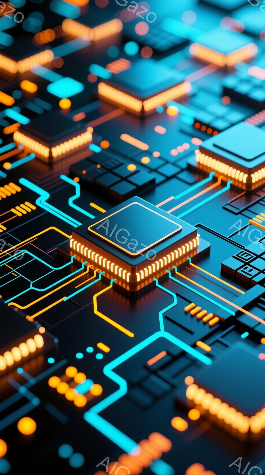 この画像は、電子回路基板をクローズアップしたもので、鮮やかなオレンジと水色のラインが複雑に組み合わさっています。中央には、発光するオレンジ色の枠で囲まれた黒いチップが配置され、基板全体が未来的な技術の雰囲気を醸し出しています。光のパターンは、高度な処理能力とデータフローを暗示し、鮮やかな色彩が視覚的な奥行きを生み出しています。