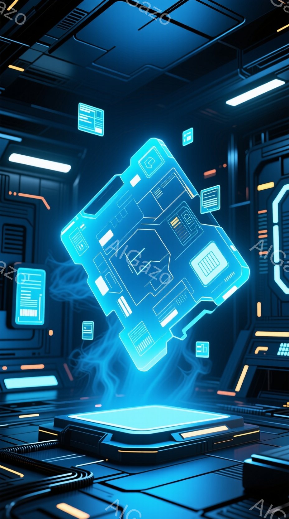 鮮やかな青色の未来的な光景が描かれています。中央には、複雑な回路が刻まれた立方体が浮かび、下には光るプラットフォームが配置されています。背景には、未来都市を思わせる幾何学的なパターンが広がり、全体的に - AI生成フリー素材