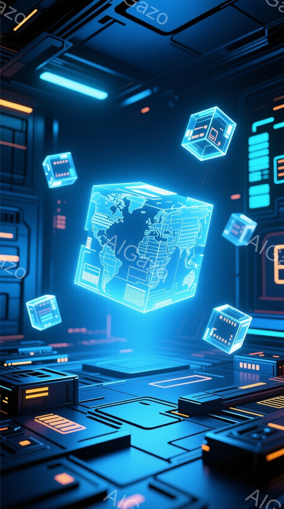 鮮やかな青色を基調とした、未来的な電子回路のような背景に、光る地球儀が浮かぶ３Dレンダリング画像である。地球儀は立方体の中に収められ、背景には同様の立方体が複数配置され、未来的なデジタル空間を表現している。全体的にクールで技術的な雰囲気が漂い、グローバルネットワークやデータ通信を連想させる。