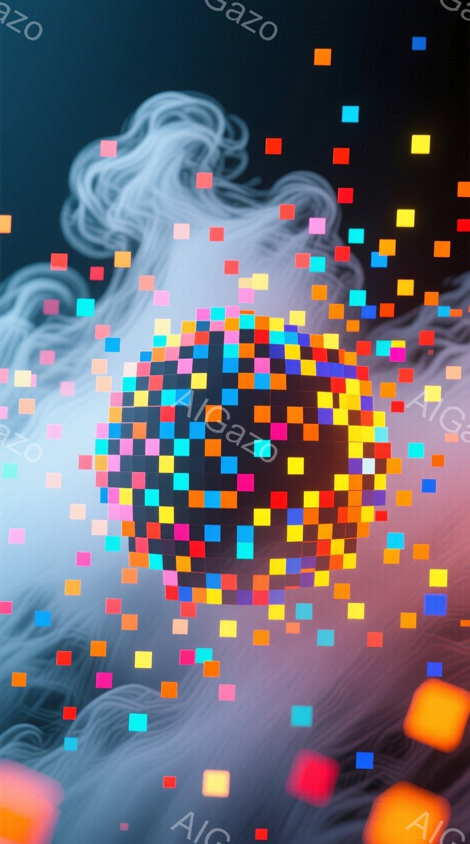 鮮やかな色の小さな立方体が集まって球体を形成しており、その周囲には同じ立方体が散らばっています。背景はぼやけた青と紫の色調で、まるで霧のような雰囲気を作り出しています。全体的に、カラフルで抽象的な、そしてどこか幻想的な印象を与えます。