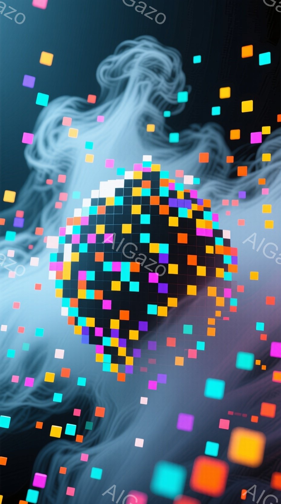 画像の中心には、カラフルな小さな正方形のブロックで構成された球体が存在し、鮮やかな色彩が視覚的な興味を惹きつけます。背景は暗く、球体の周りに白くぼやけた渦巻きのような模様が広がっており、抽象的で幻想的な雰囲気を醸し出しています。全体として、デジタルアートのような印象で、モダンでユニークな表現が特徴です。