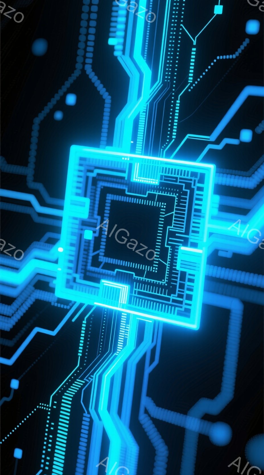 鮮やかな青色の光が走る回路図のようなイメージが広がっています。複雑な線と幾何学的なパターンが、まるで電子機器の内部構造を表現しているかのようです。暗い背景に浮かび上がる光のコントラストが、近未来的な雰 - AI生成フリー素材