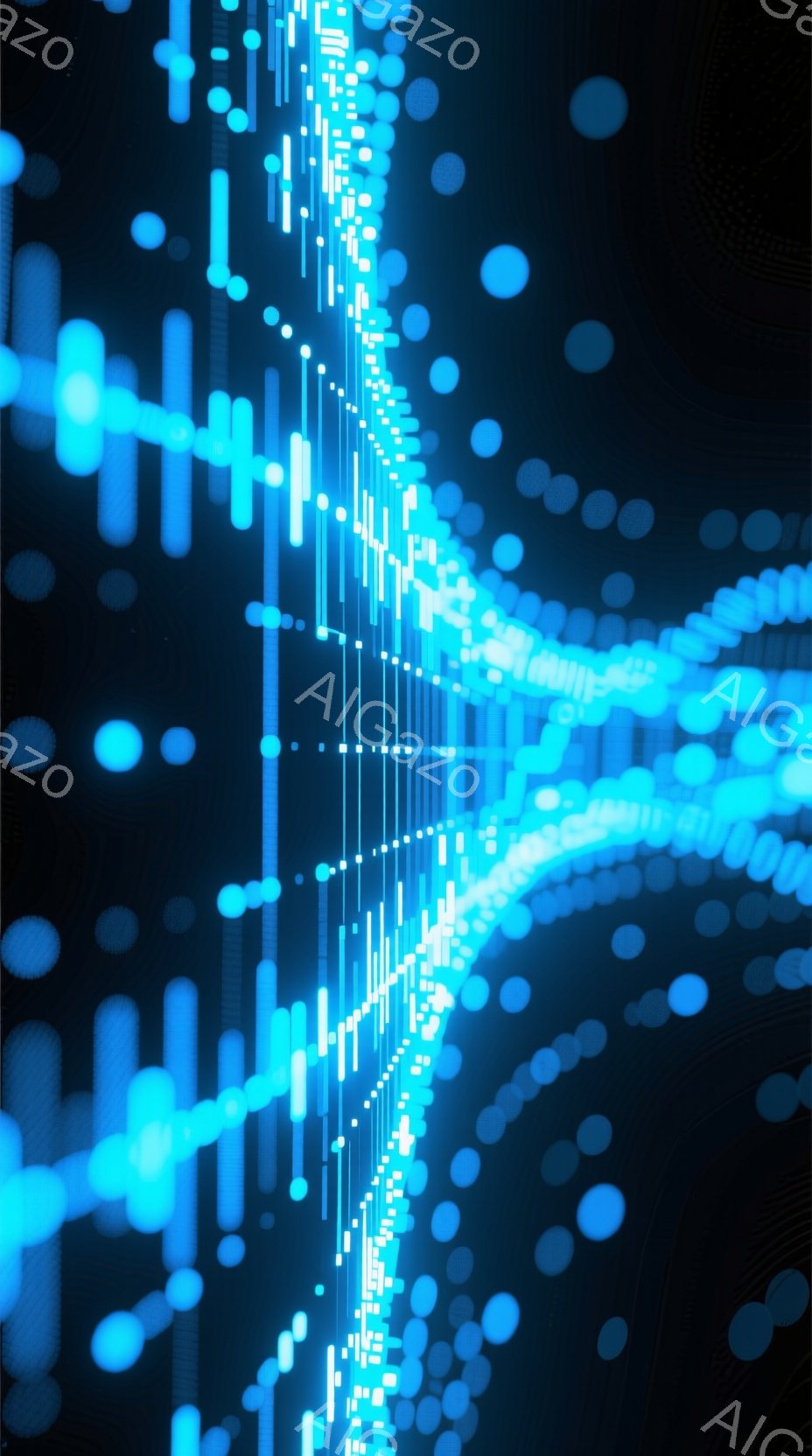 この画像は、青と白の光の線が曲線的に並んだ抽象的な光景を描いています。光の線はまるでデータの流れのように見え、背景は深い青色で覆われ、ぼやけた光の粒子が散りばめられています。全体的に未来的な、デジタルな雰囲気を醸し出しています。