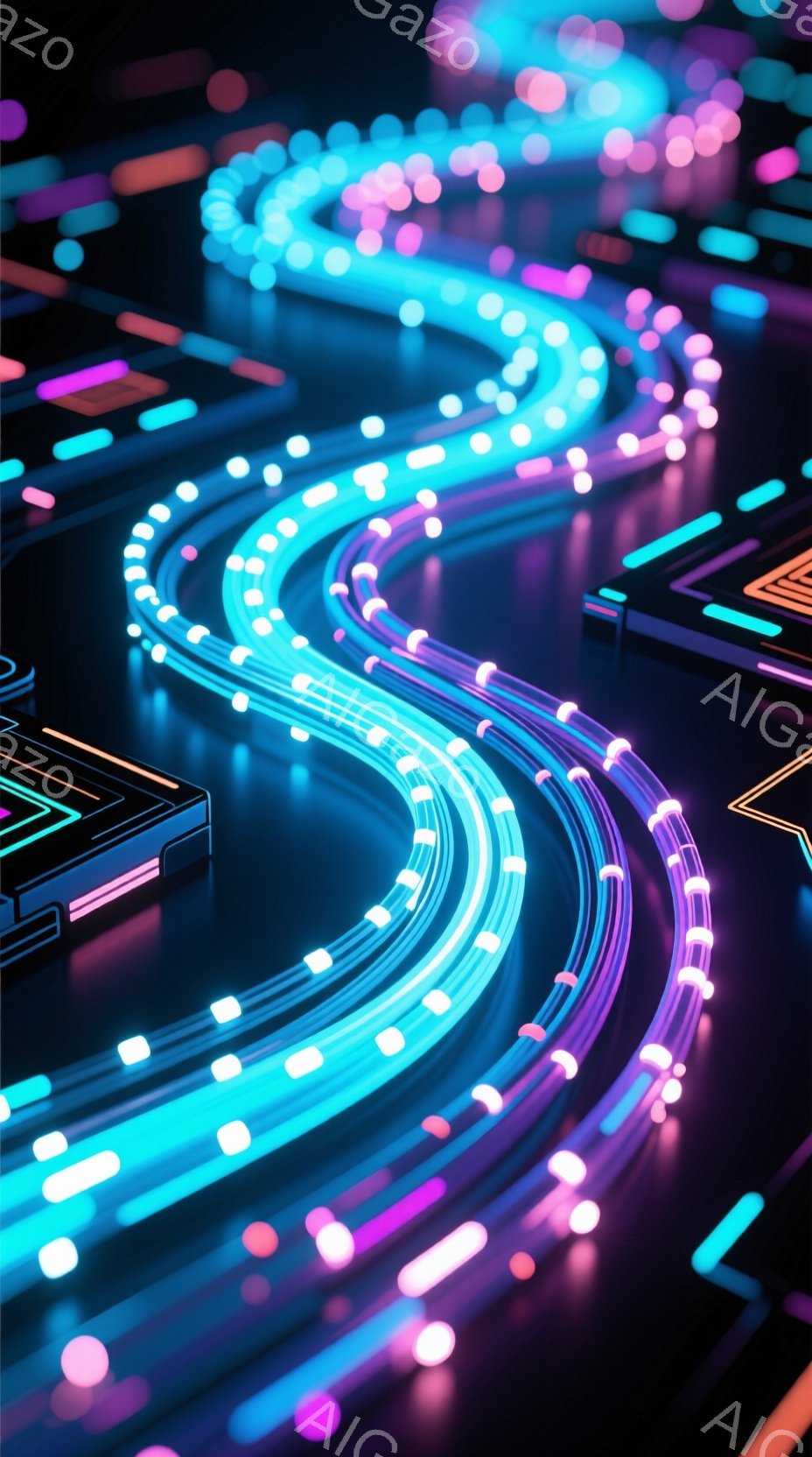 鮮やかなネオンカラーの光の線が、暗い背景の上を蛇行して流れています。光の線は青と紫を基調とし、小さな光の粒が並んでおり、未来的な回路やデータストリームを連想させます。背景には、抽象的な幾何学模様のオブジェクトがわずかに見え、サイバーパンクやデジタルアートの世界観を強調しています。