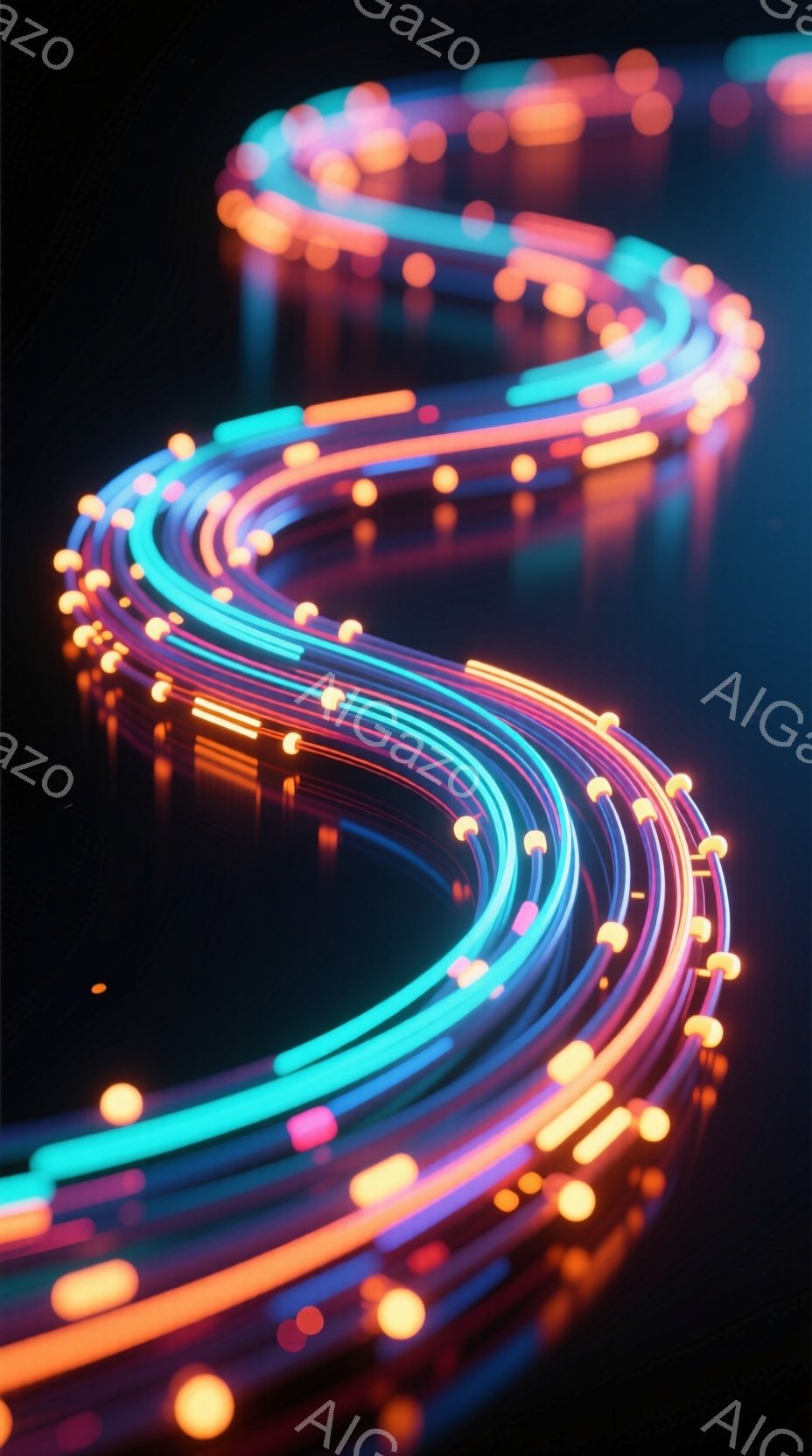 鮮やかなネオンカラーの光の線が、暗い背景の中で螺旋状に伸びています。青、ピンク、オレンジ色の光が重なり合い、未来的な光の軌跡を描き出しています。全体的に、幻想的でテクノロジーを感じさせる雰囲気です。 - AI生成フリー素材