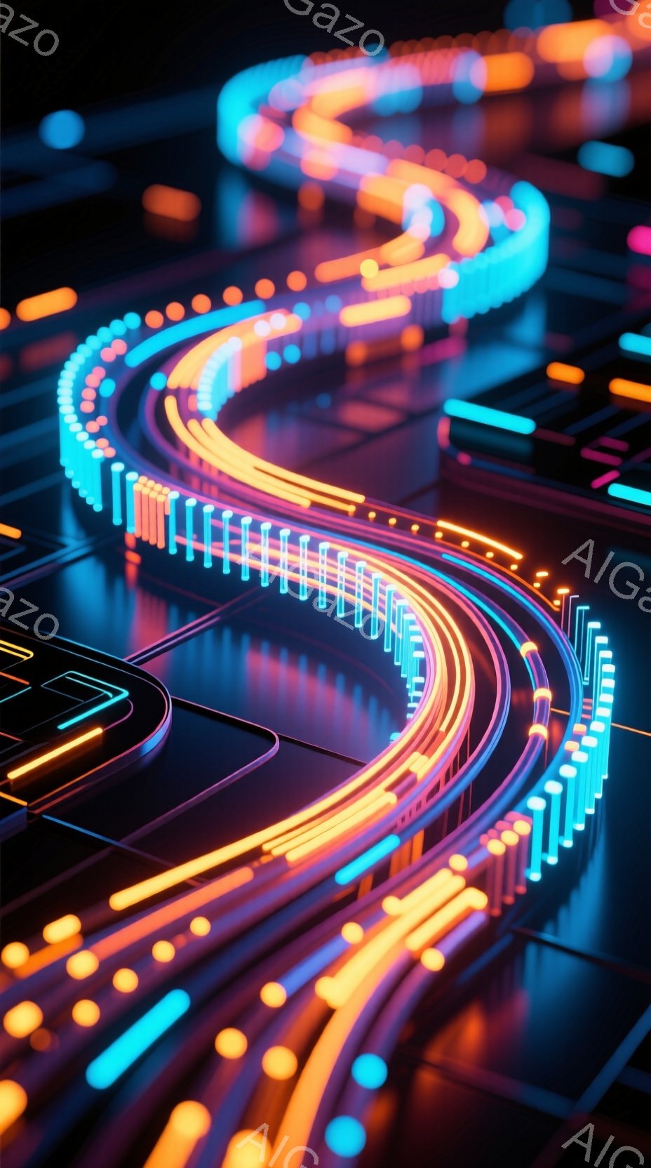 暗闇の中に、鮮やかなネオンライトが曲線を描いて広がっている。青、オレンジ、紫色の光が未来的な回路や光の道を形成し、まるでサイバー空間の風景のようだ。その強烈なコントラストと光のグラデーションが、独特の没入感と幻想的な雰囲気を醸し出している。