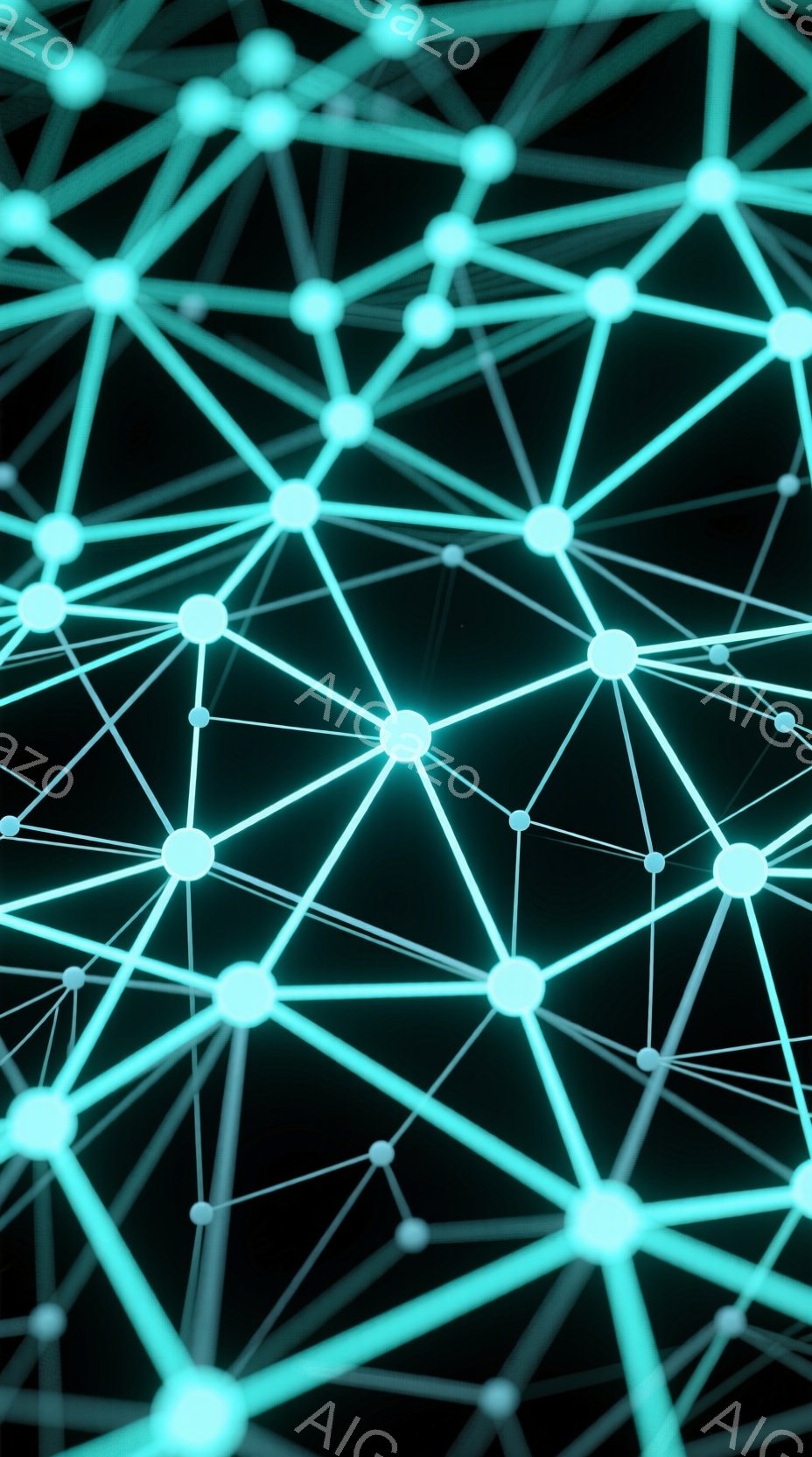 鮮やかなターコイズブルーの線が、暗闇の中で網の目のように複雑に絡み合っている様子が描かれています。各線の交差点には光る球体が配置され、まるで未来的なネットワークやニューラル回路を想起させる構造となっています。全体的に、クールでテクノロジー感溢れる雰囲気です。