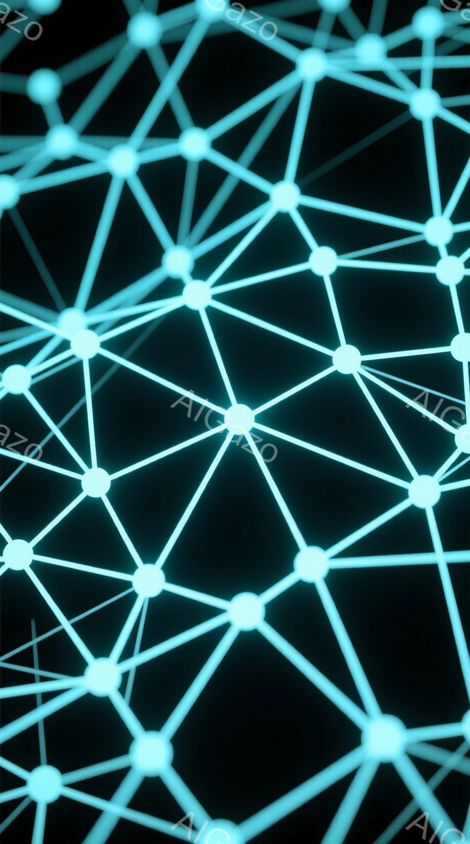 この画像は、暗い背景に光る青白い線で構成されたネットワーク状の構造を描いています。各線の交点には明るい球体が配置され、まるで分子構造や神経回路網のような印象を与えます。全体的に未来的で、テクノロジー、接続性、抽象的な概念を想起させる雰囲気です。