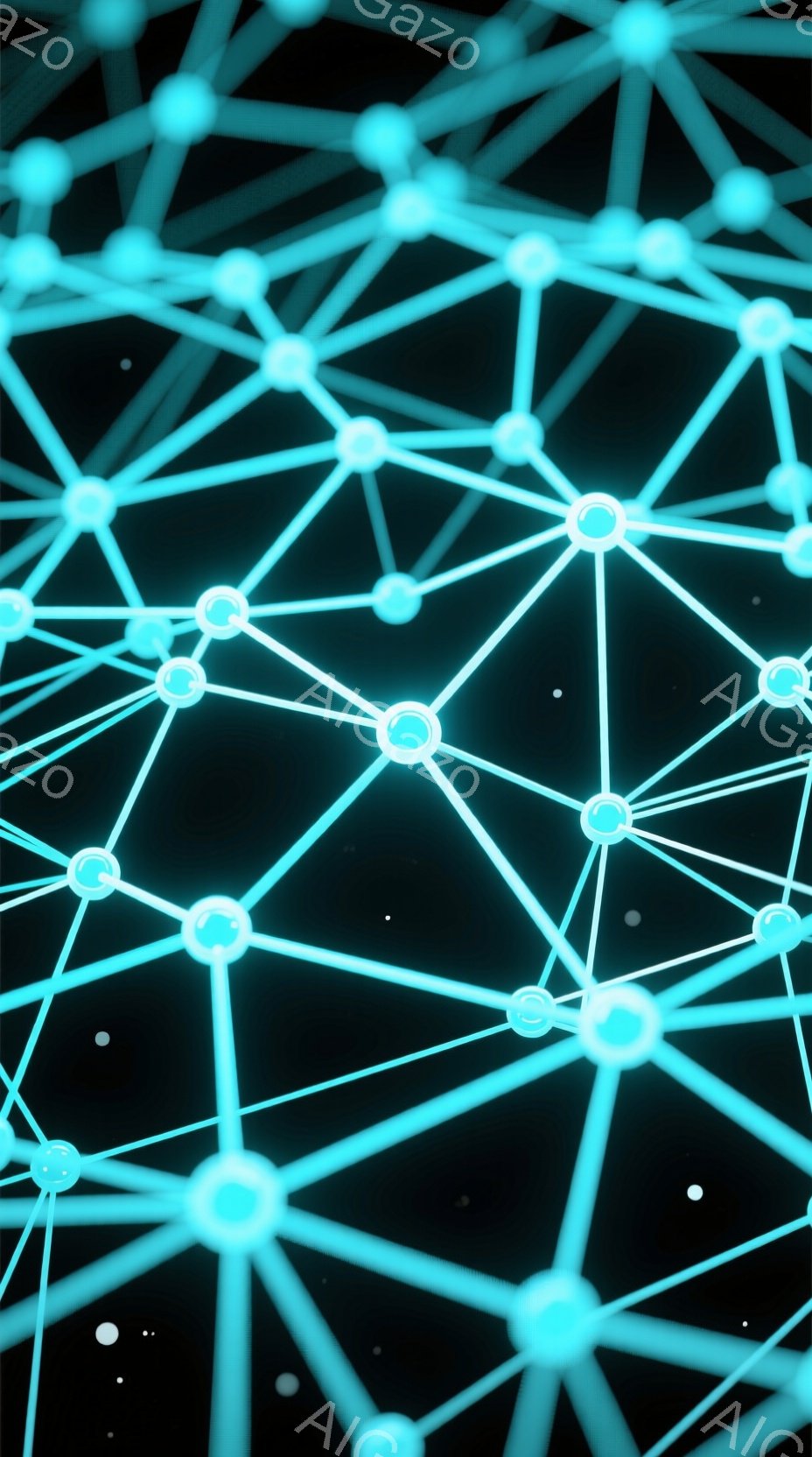 鮮やかな水色の線が網の目のように交差する抽象的な画像です。各交点には明るい光の球体が配置され、暗い背景に浮かび上がっています。全体的に、ネットワーク、つながり、またはデジタル空間を想起させる未来的な雰囲気が漂っています。