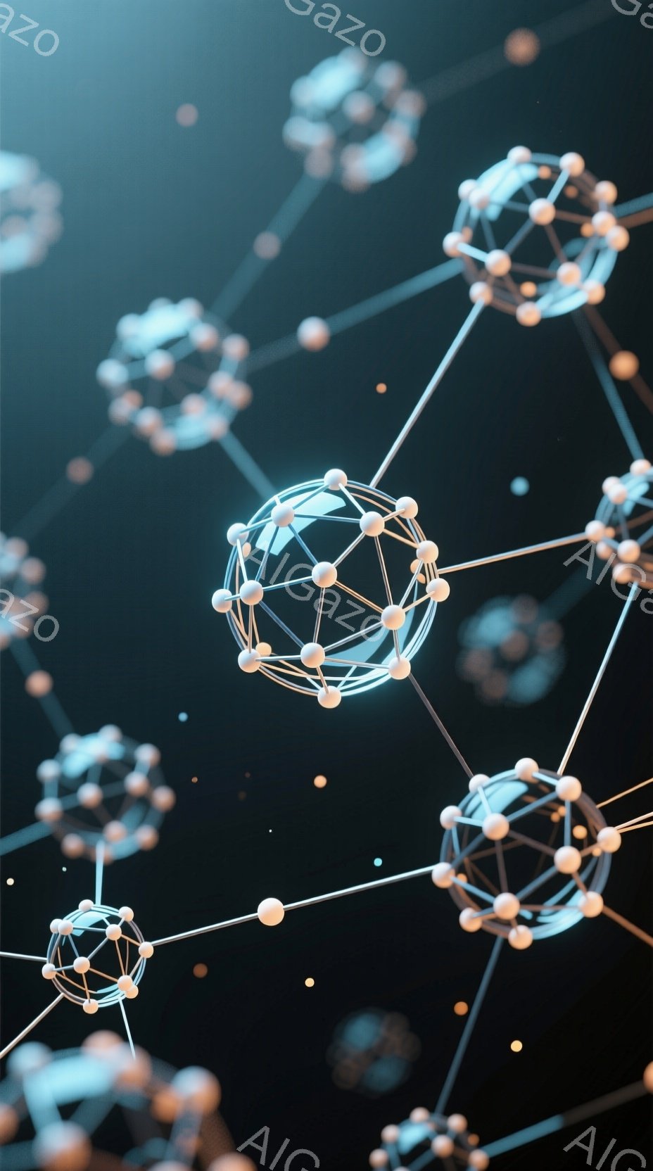 この画像は、暗い背景に輝く線で結ばれた、球状のネットワーク構造を描写しています。各球体は多くの小さな光る点で構成され、複雑な分子構造や接続性を連想させます。全体的に、科学的で未来的な雰囲気があり、データ、ネットワーク、または抽象的なテクノロジーの概念を表現しているように見えます。