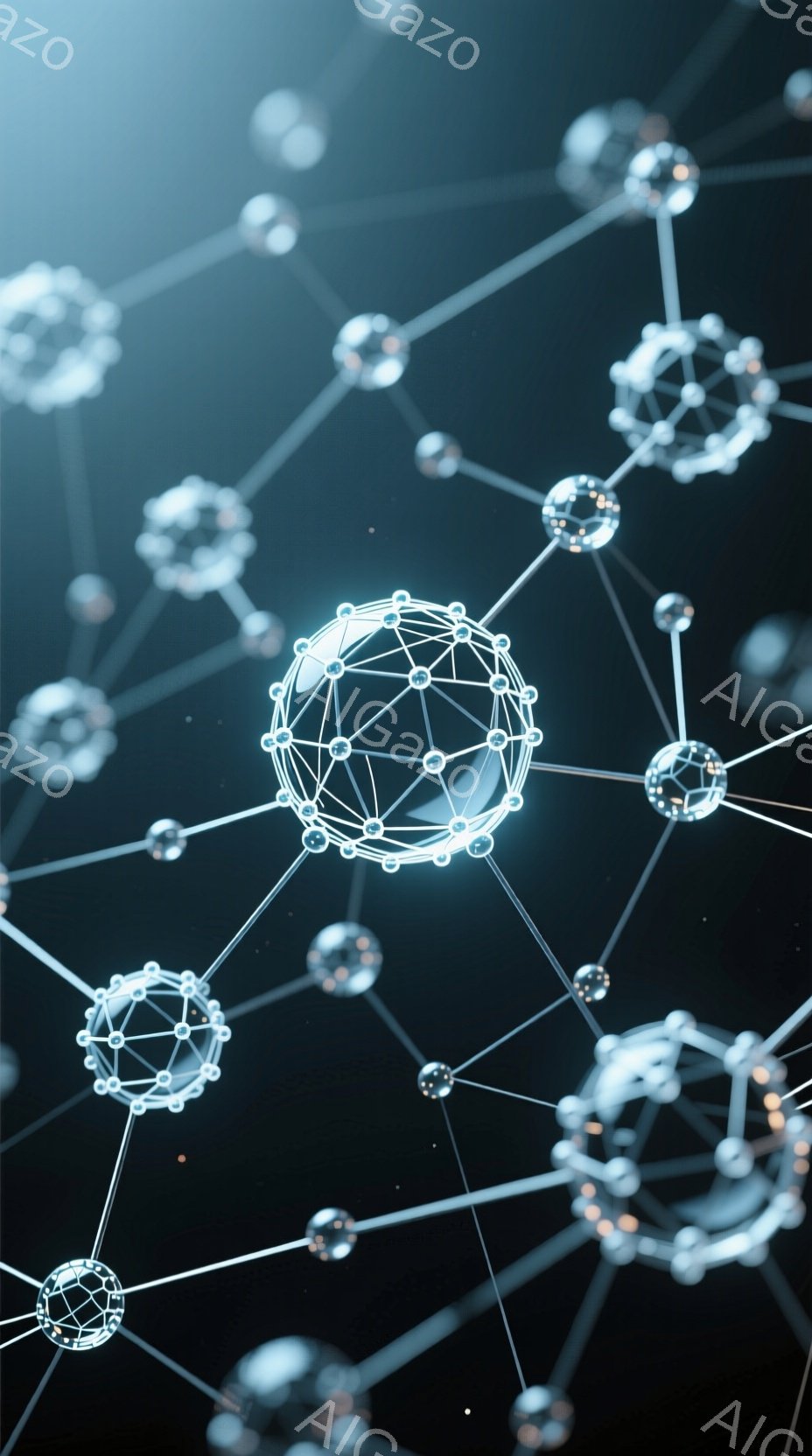 暗い背景に、複雑なネットワークが光る青い線で描かれています。球状のノードが線で繋がり、科学的または未来的な構造を形成しており、まるで分子構造やデータ接続を視覚化したようです。全体的に、テクノロジー、接続性、そして抽象的な概念を表現した、洗練された印象を与えます。