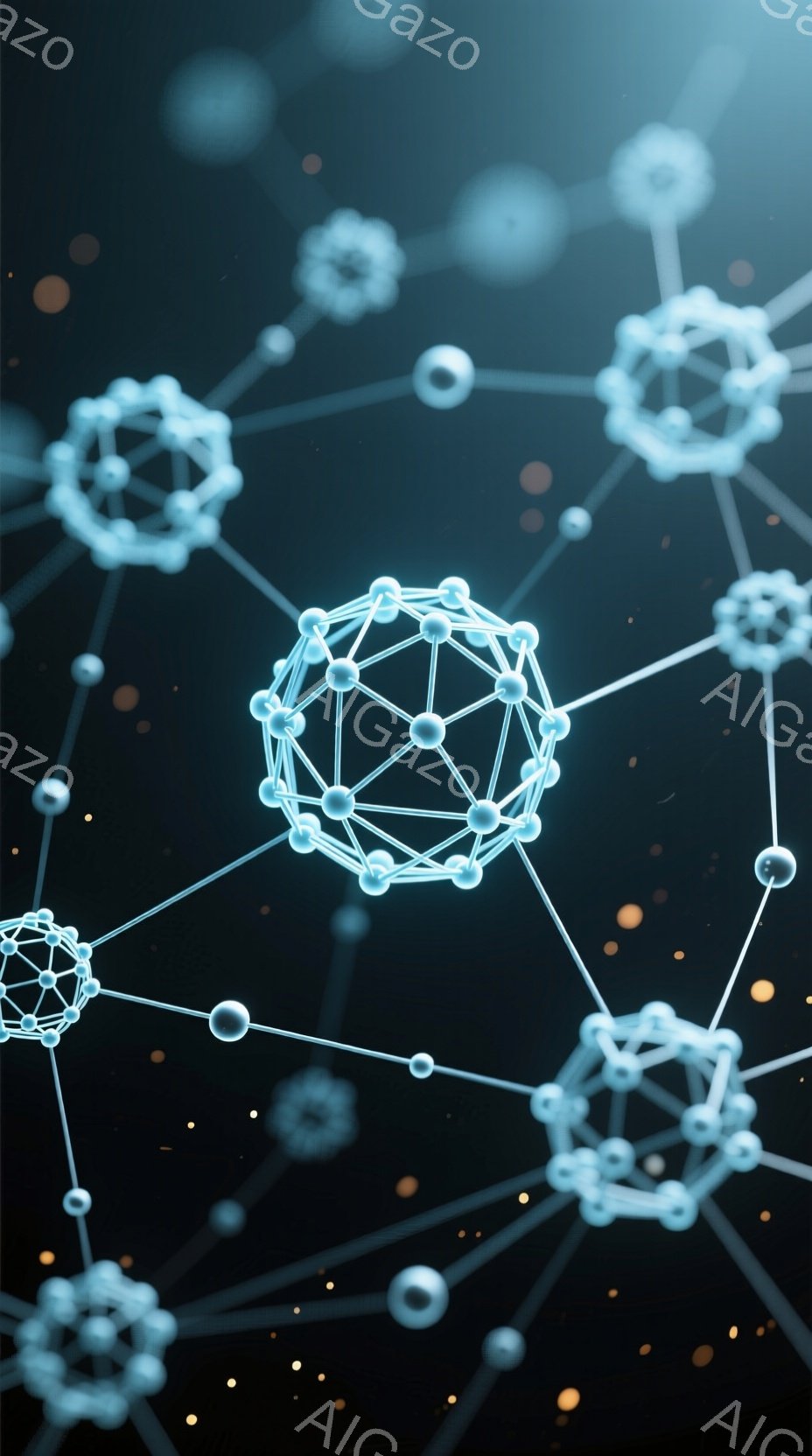 鮮やかな青色の線で結ばれた、複雑な構造を持つ分子モデルが多数、暗い背景に浮かび上がっています。これらの分子は、まるでネットワークのように互いに繋がり、小さな光の粒子が背景に散りばめられています。全体的に、科学的で未来的、そして神秘的な雰囲気を醸し出しています。