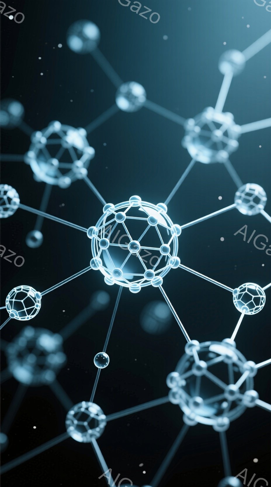 この画像は、暗い背景に浮かぶ、複雑な分子構造のネットワークを描いています。各分子は球状の構造を持ち、細い線で接続されており、まるで神経回路網やネットワークのようです。全体的に未来的な科学的な雰囲気を醸 - AI生成フリー素材