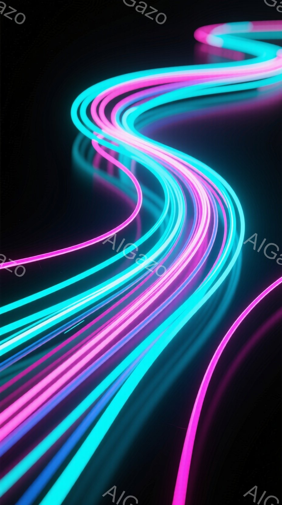 鮮やかなピンクと水色の光の帯が、黒い背景を曲線的に駆け抜けている。光の帯は流れるように重なり合い、速度感と未来的な印象を与える。背景は完全に暗く、光の軌跡が際立つことで、幻想的でダイナミックな雰囲気を醸し出している。