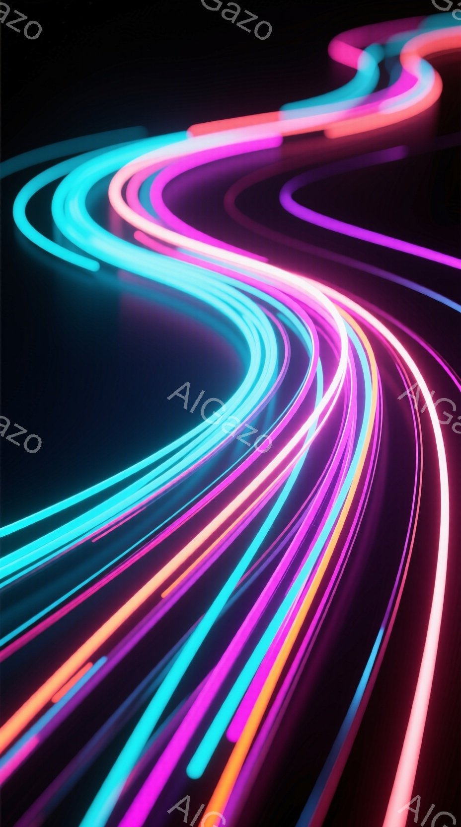 漆黒の背景に、鮮やかなネオンカラーの光線が流れるように描かれている。ピンク、紫、水色、オレンジといった色が重なり合い、まるで光の軌跡が空間を駆け巡っているかのような印象を与える。全体的に未来的な雰囲気で、スピード感とエネルギーを感じさせるビジュアルだ。